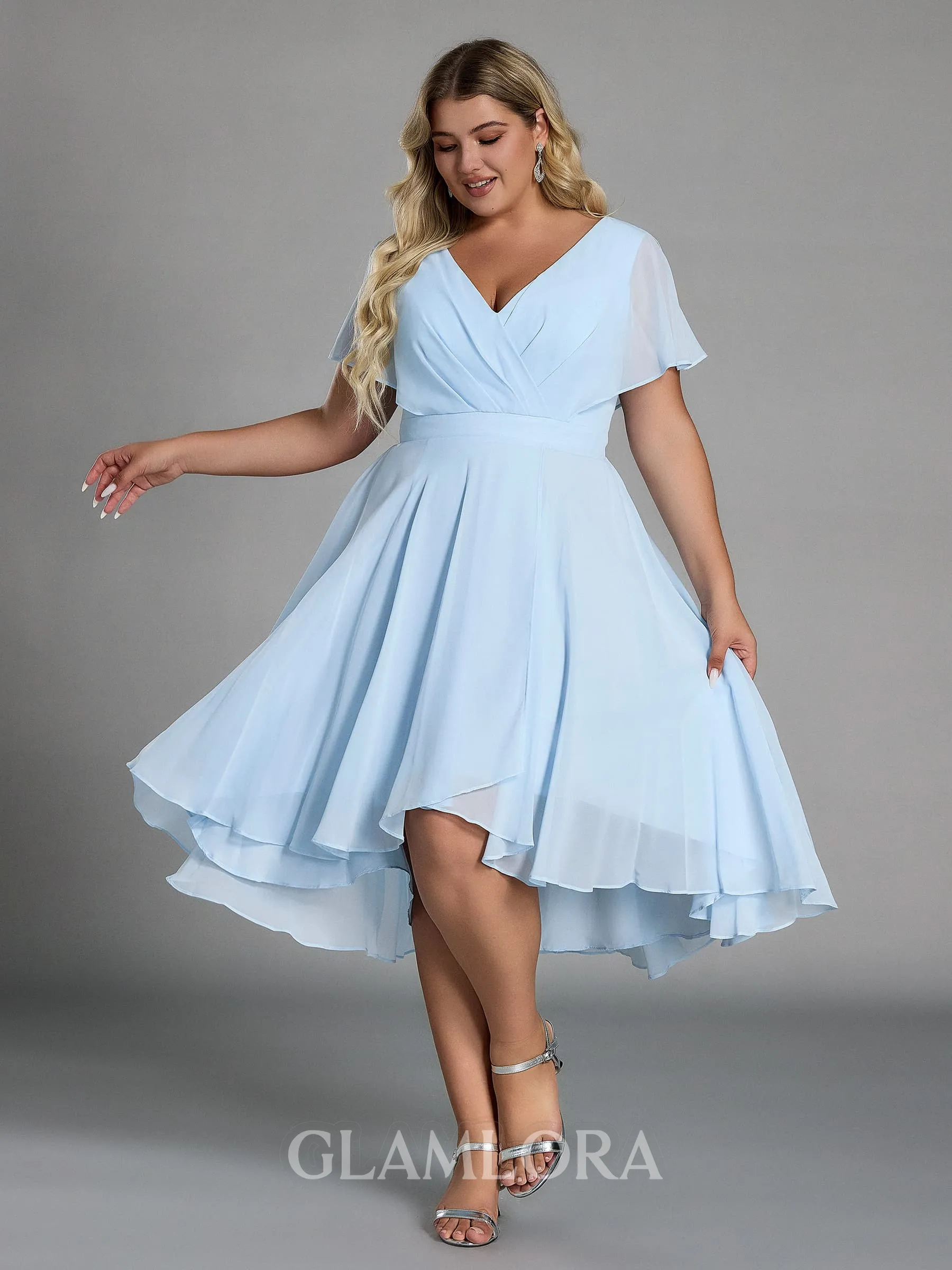 Splendid A-line V-Neck Short Sleeves Pleated Asymmetrical Chiffon Corset Plus Size Bridesmaid Dress