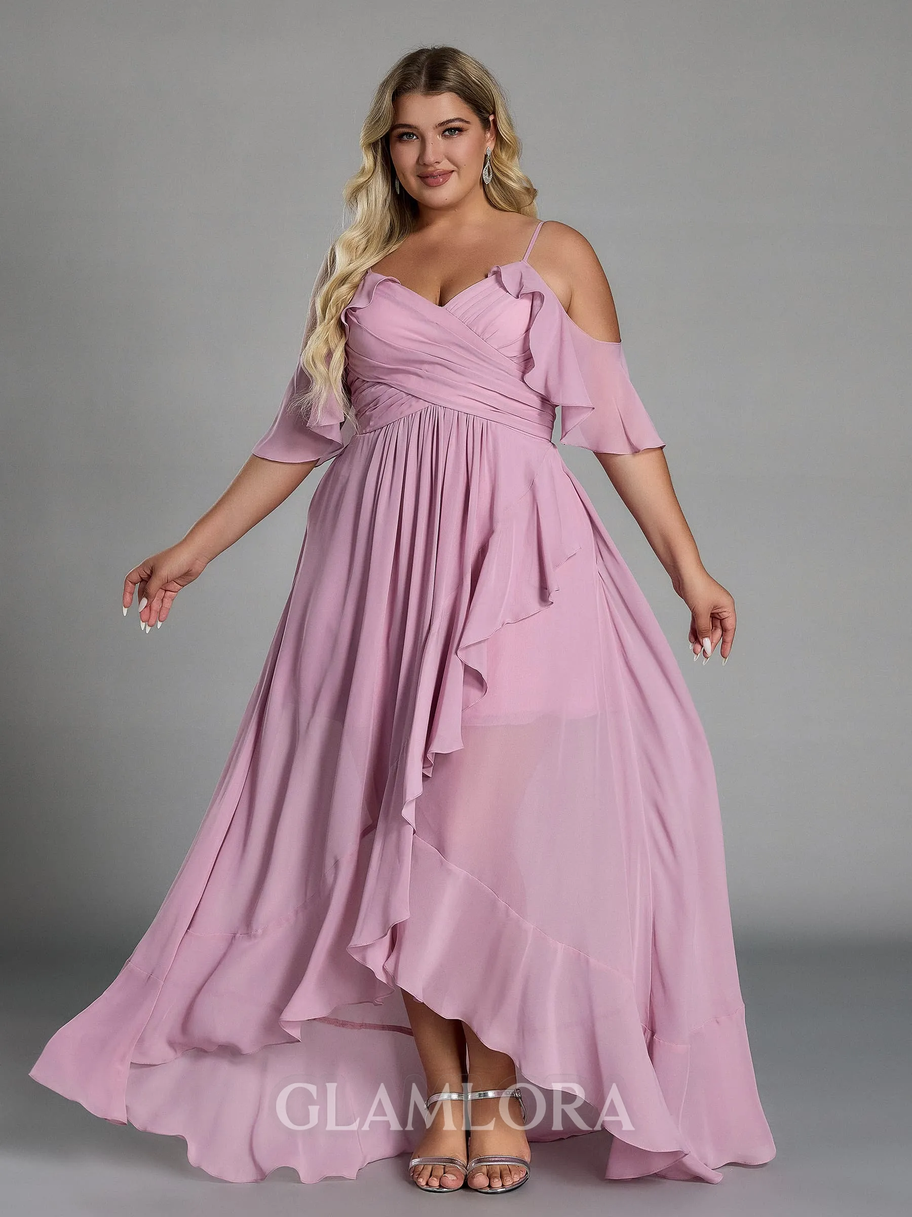Opulent A-line Cold Shoulder Ruffles Asymmetrical Chiffon Plus Size Bridesmaid Dress