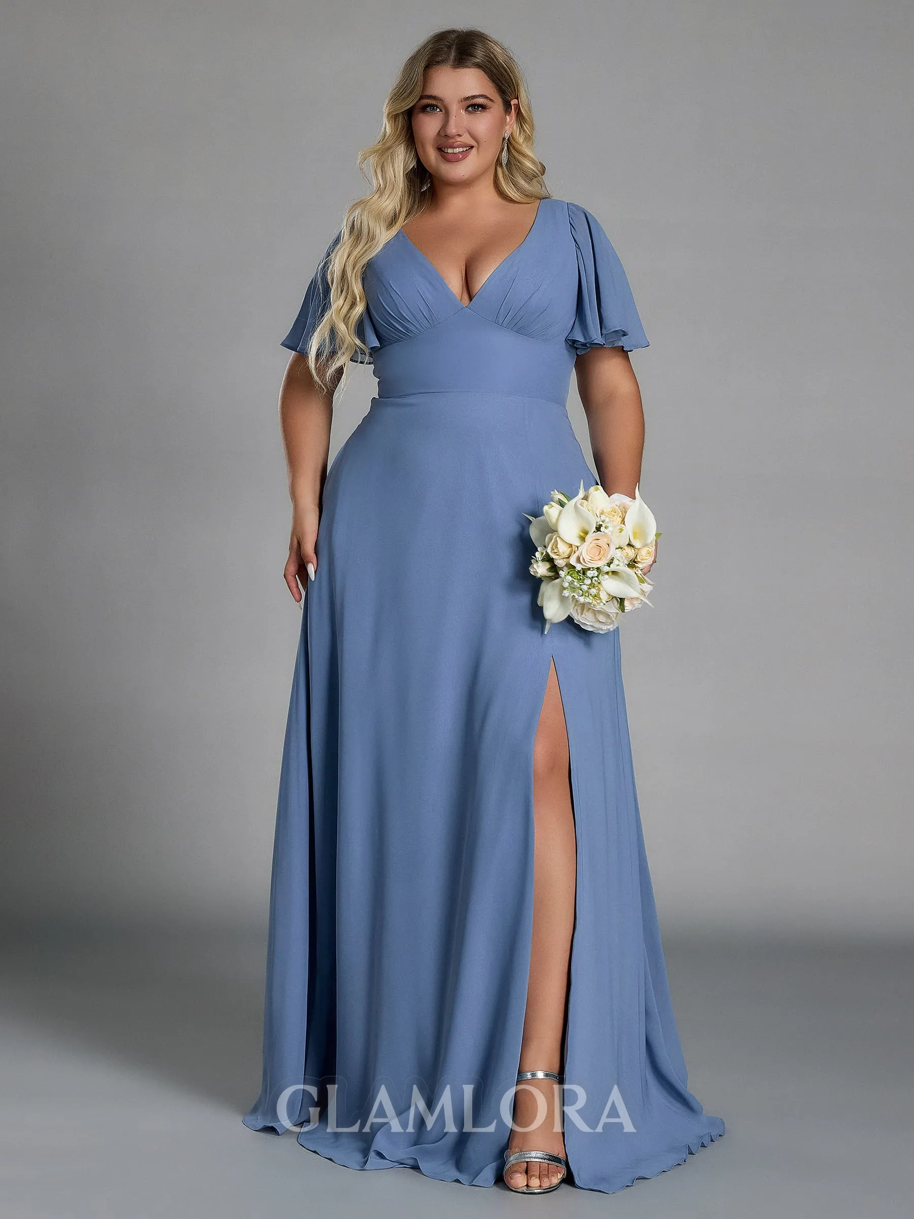 Extravagant A-line V-Neck Short Sleeves Pleated Floor-Length Chiffon Corset Plus Size Bridesmaid Dress
