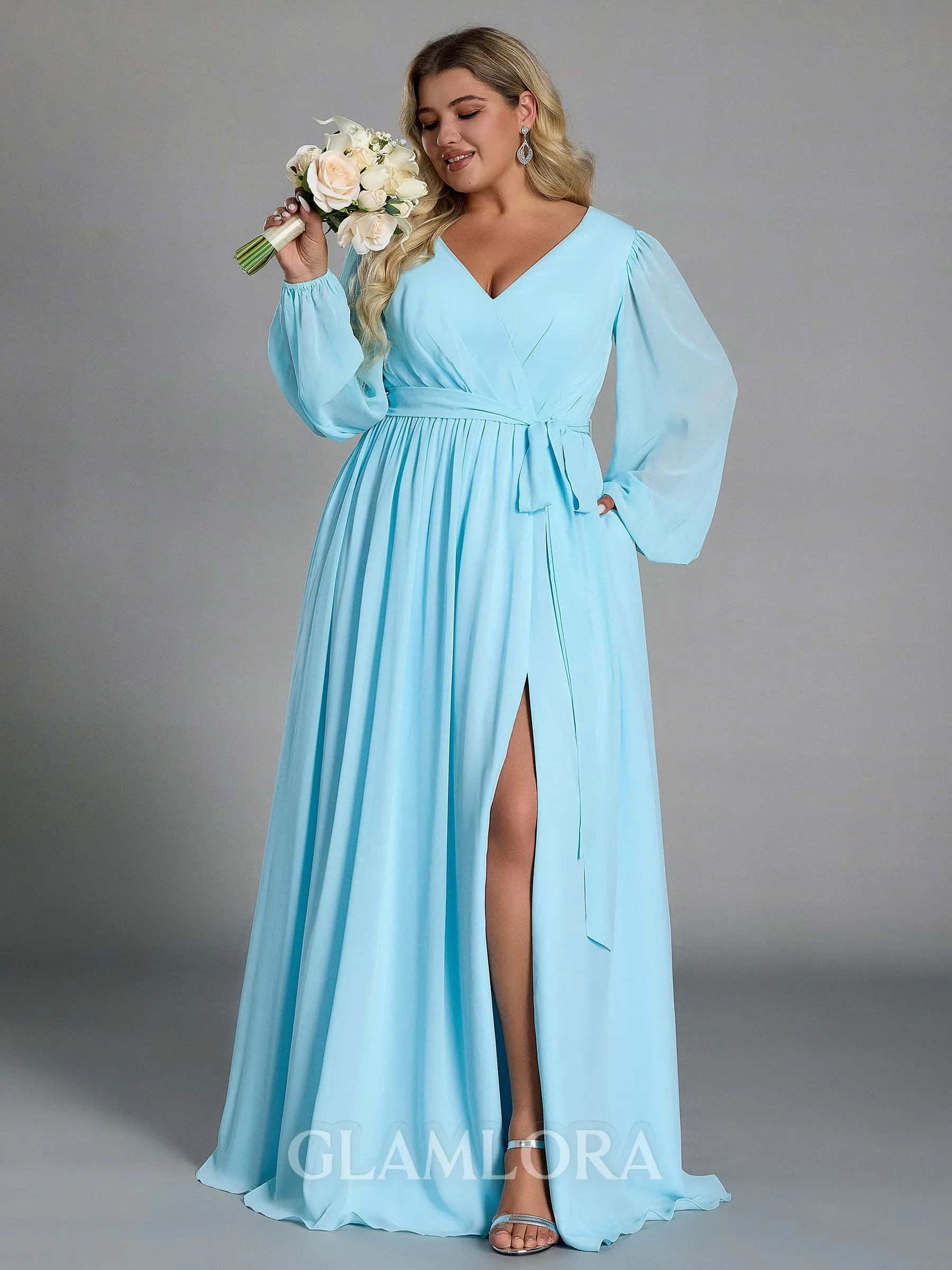 Elegant A-line V-Neck Long Sleeves Sash/Ribbon/Belt Floor-Length Chiffon Plus Size Bridesmaid Dress