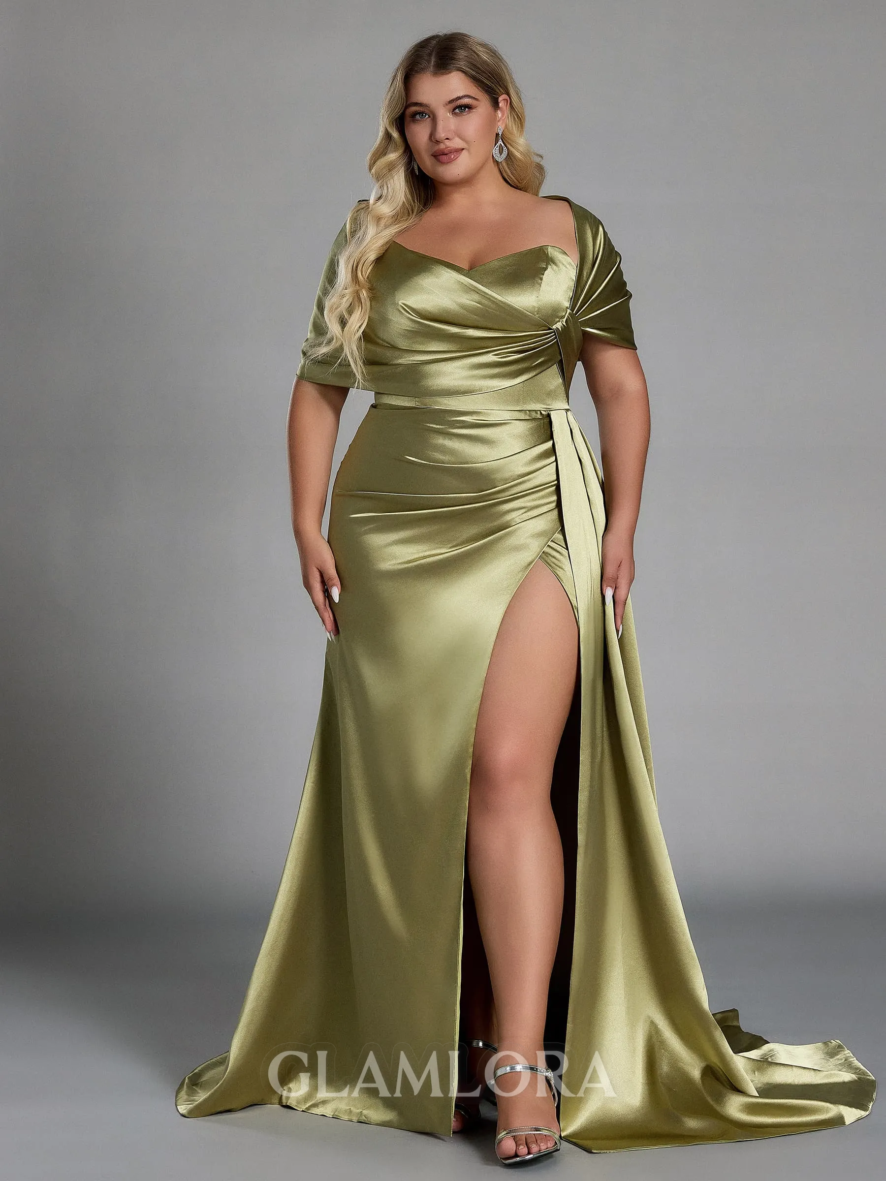 Elegant Sheath Off-the-Shoulder Pleated Court Train Silk Like Satin Corset Plus Size Bridesmaid Dress
