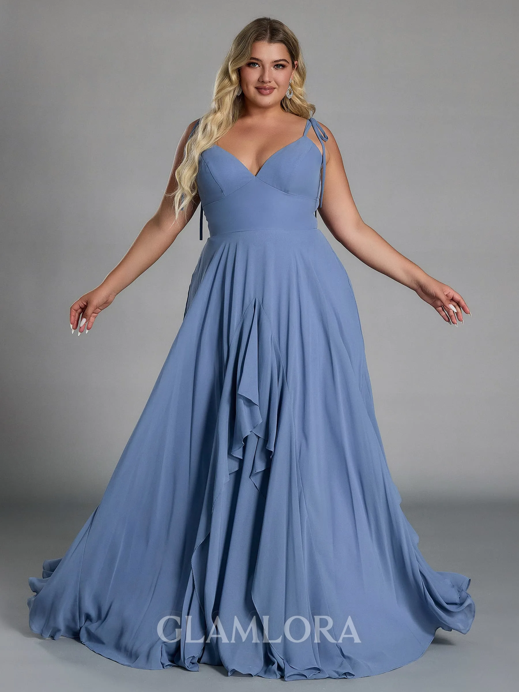 Classy A-line V-Neck Ruffles Floor-Length Chiffon Corset Plus Size Bridesmaid Dress