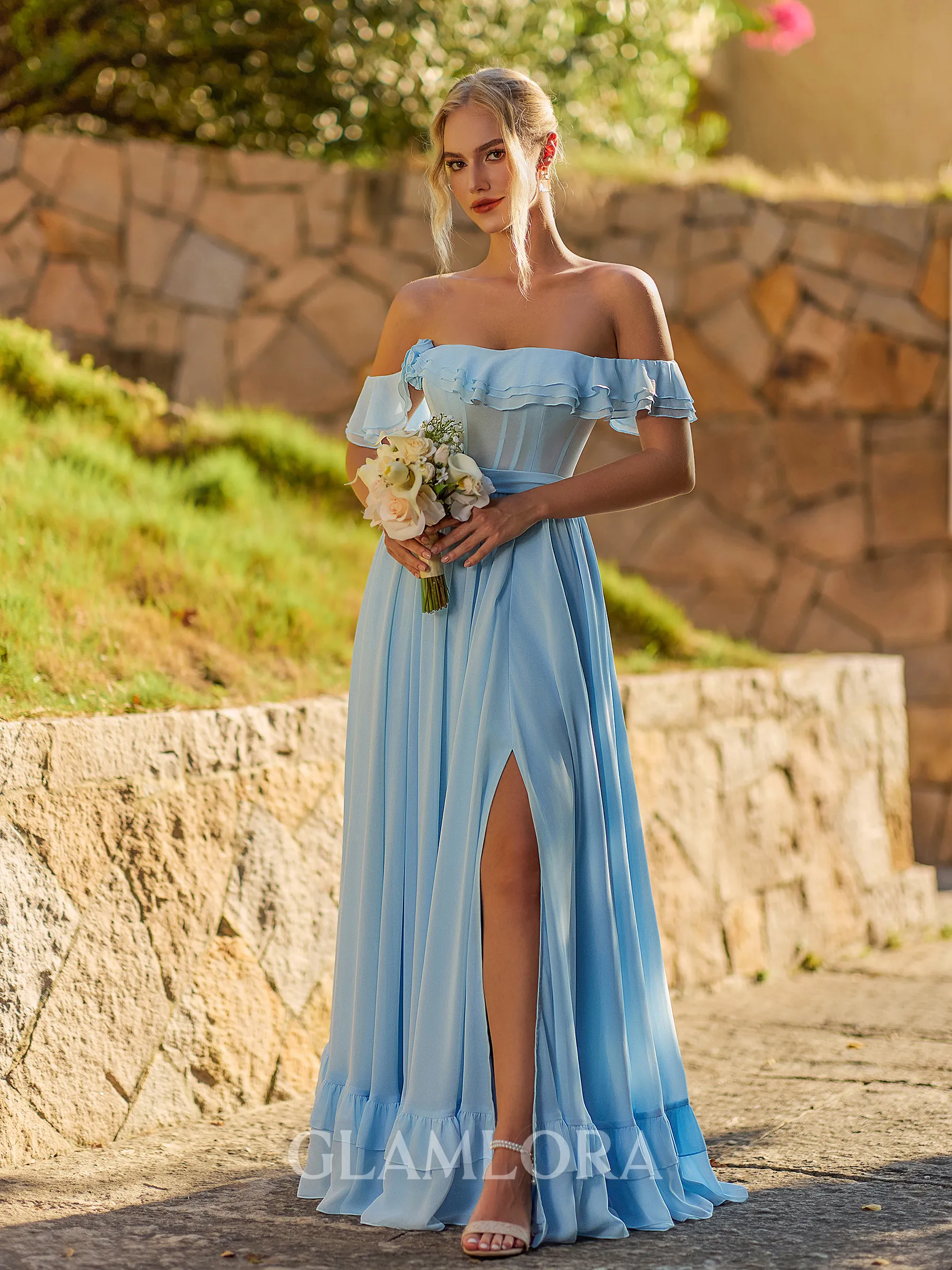 Perfect A-line Off-the-Shoulder Ruffles Floor-Length Chiffon Corset Bridesmaid Dress