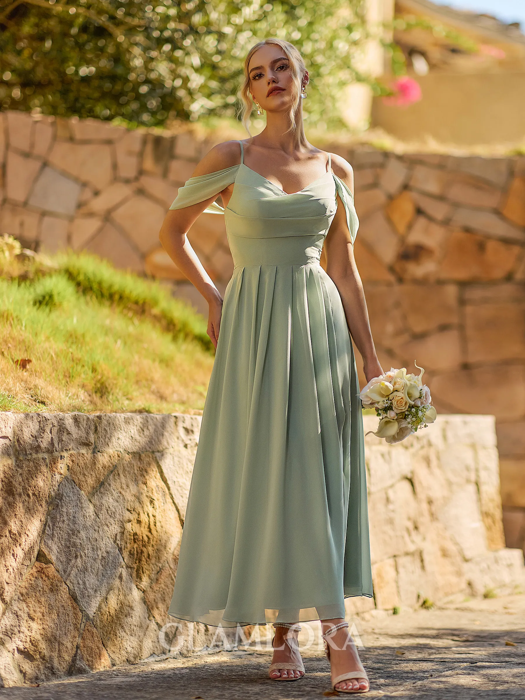 Charming A-line Cold Shoulder Pleated Ankle-Length Chiffon Corset Bridesmaid Dress