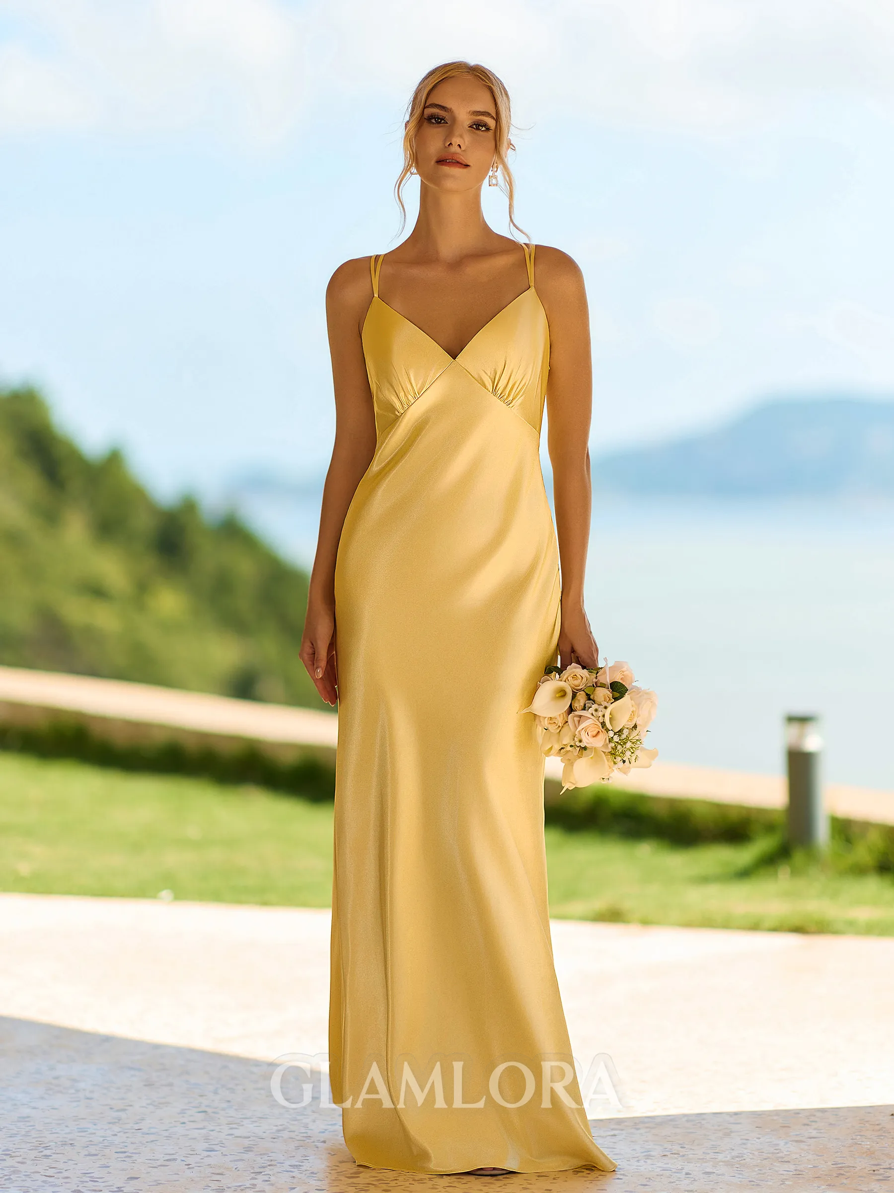 Stunning Sheath V-Neck Pleated Floor-Length Silk Like Satin Bridesmaid Dress