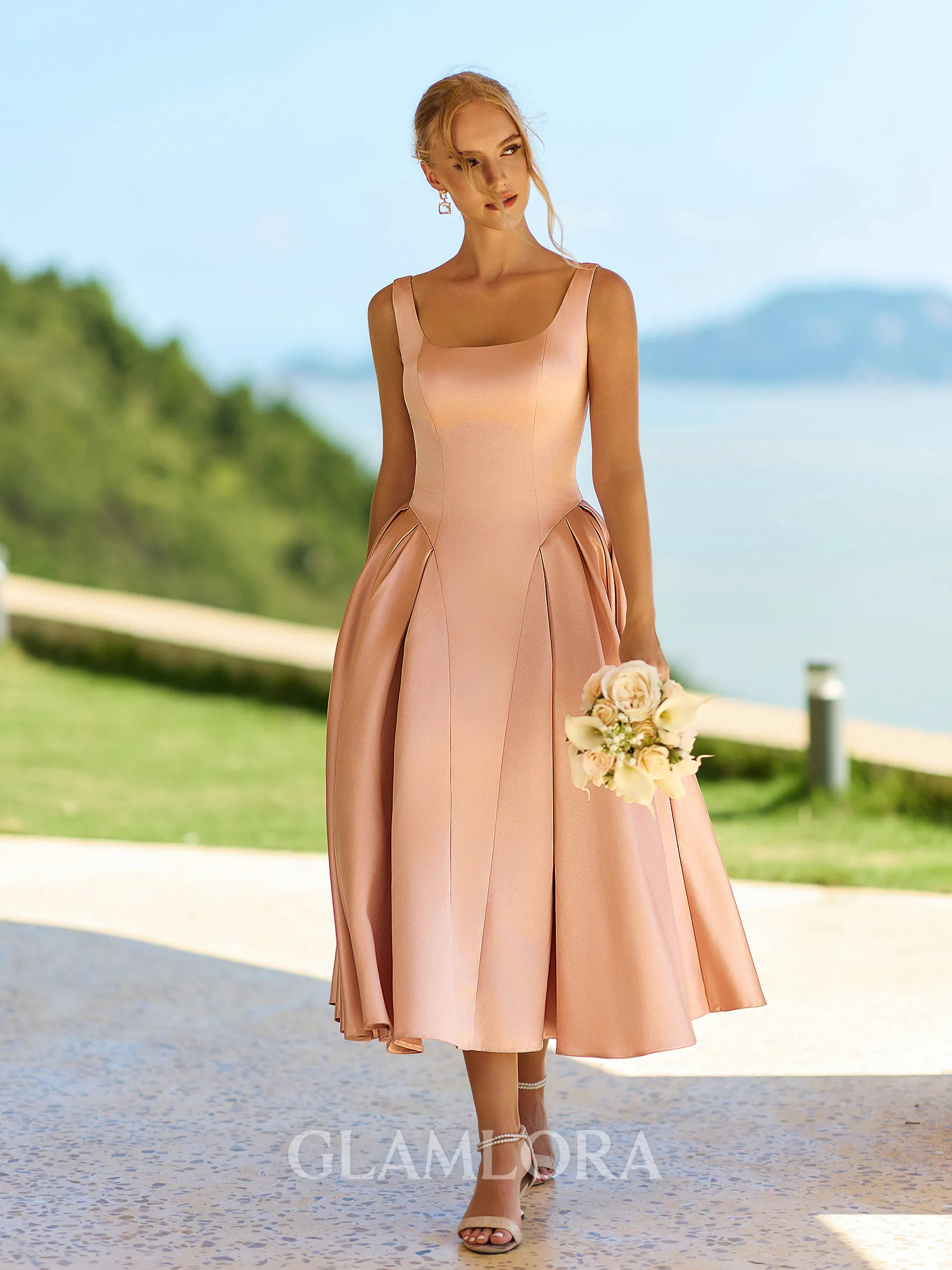 Enchanting A-line Square Tea-Length Satin Corset Bridesmaid Dress