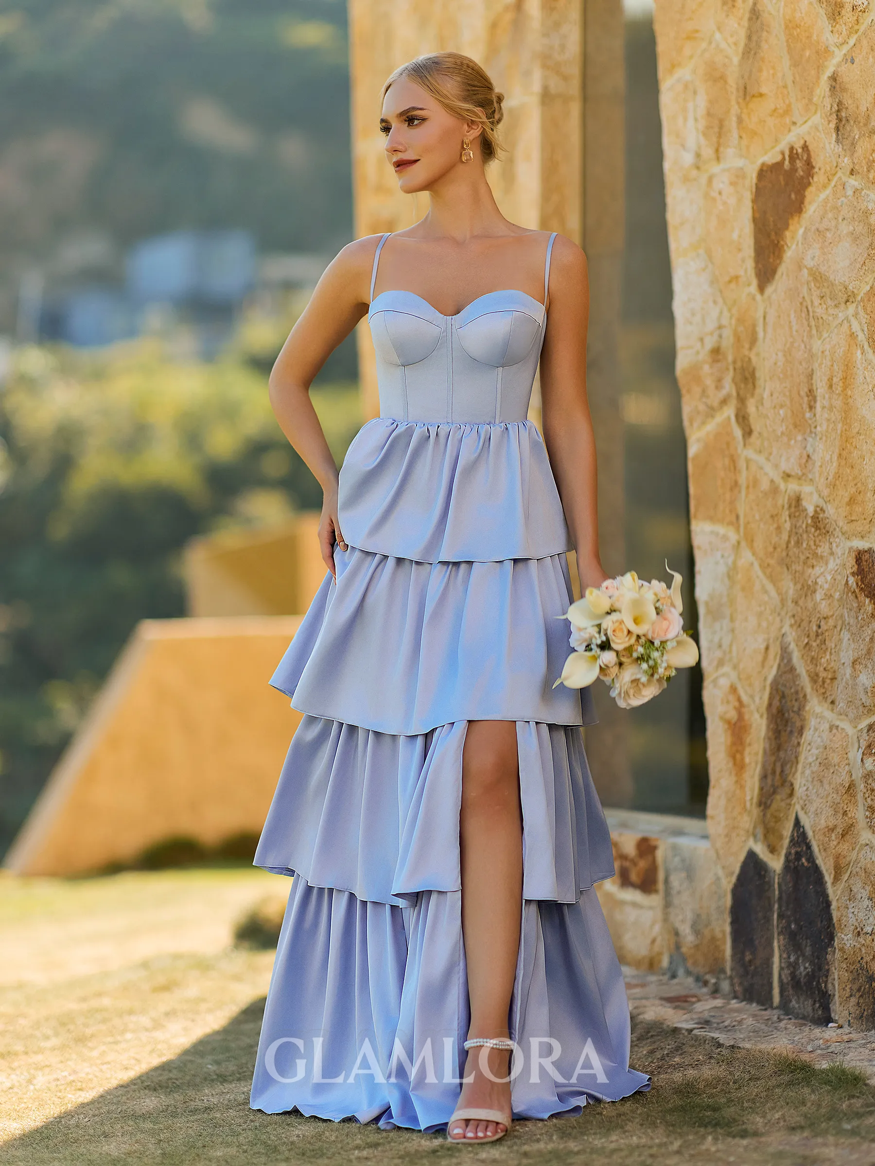 Glamorous A-line Spaghetti Straps Cascading Ruffles Floor-Length Charmeuse Corset Bridesmaid Dress