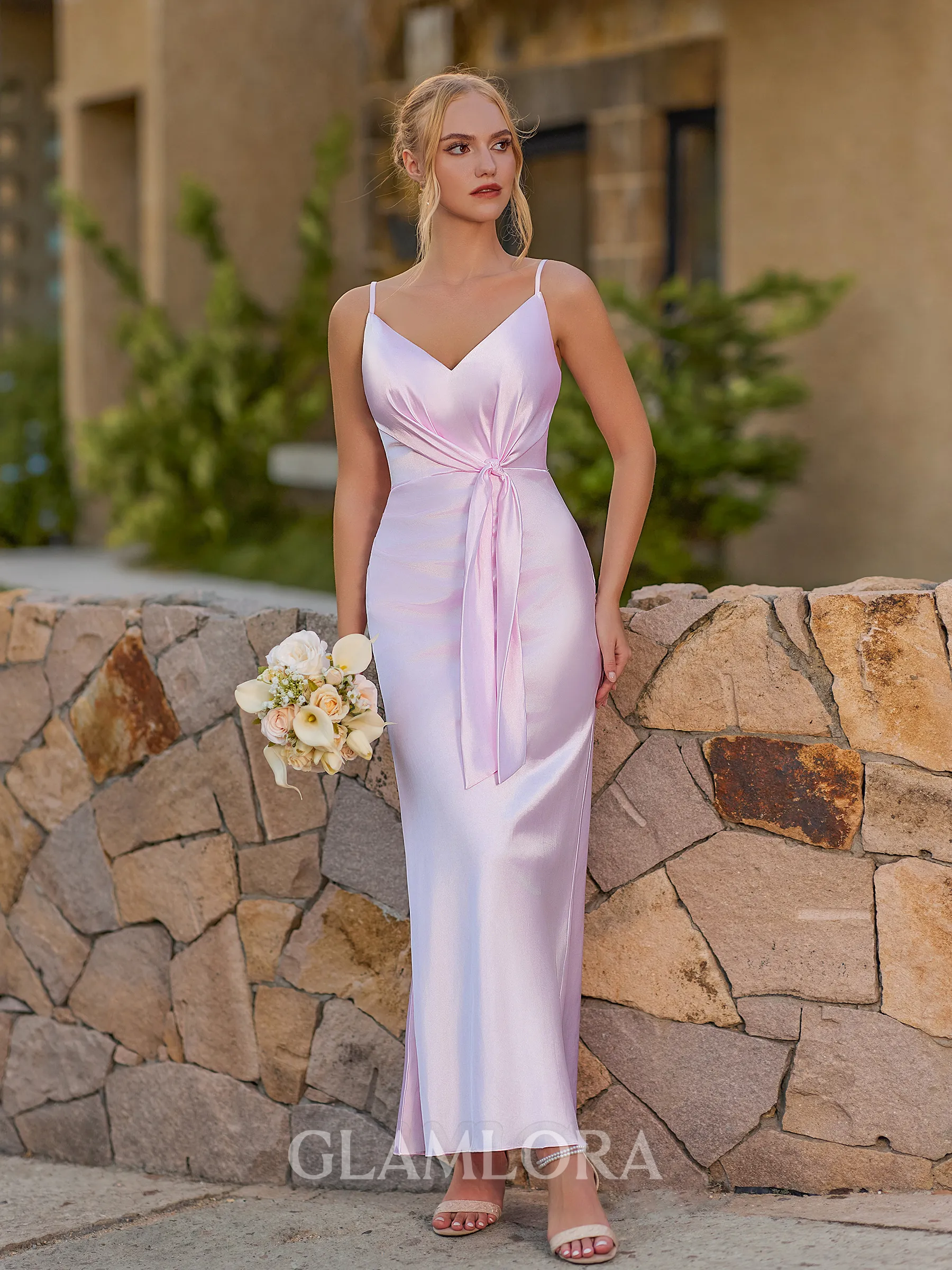 Exquisite Sheath V-Neck Pleated Ankle-Length Silk Like Satin Corset Bridesmaid Dress