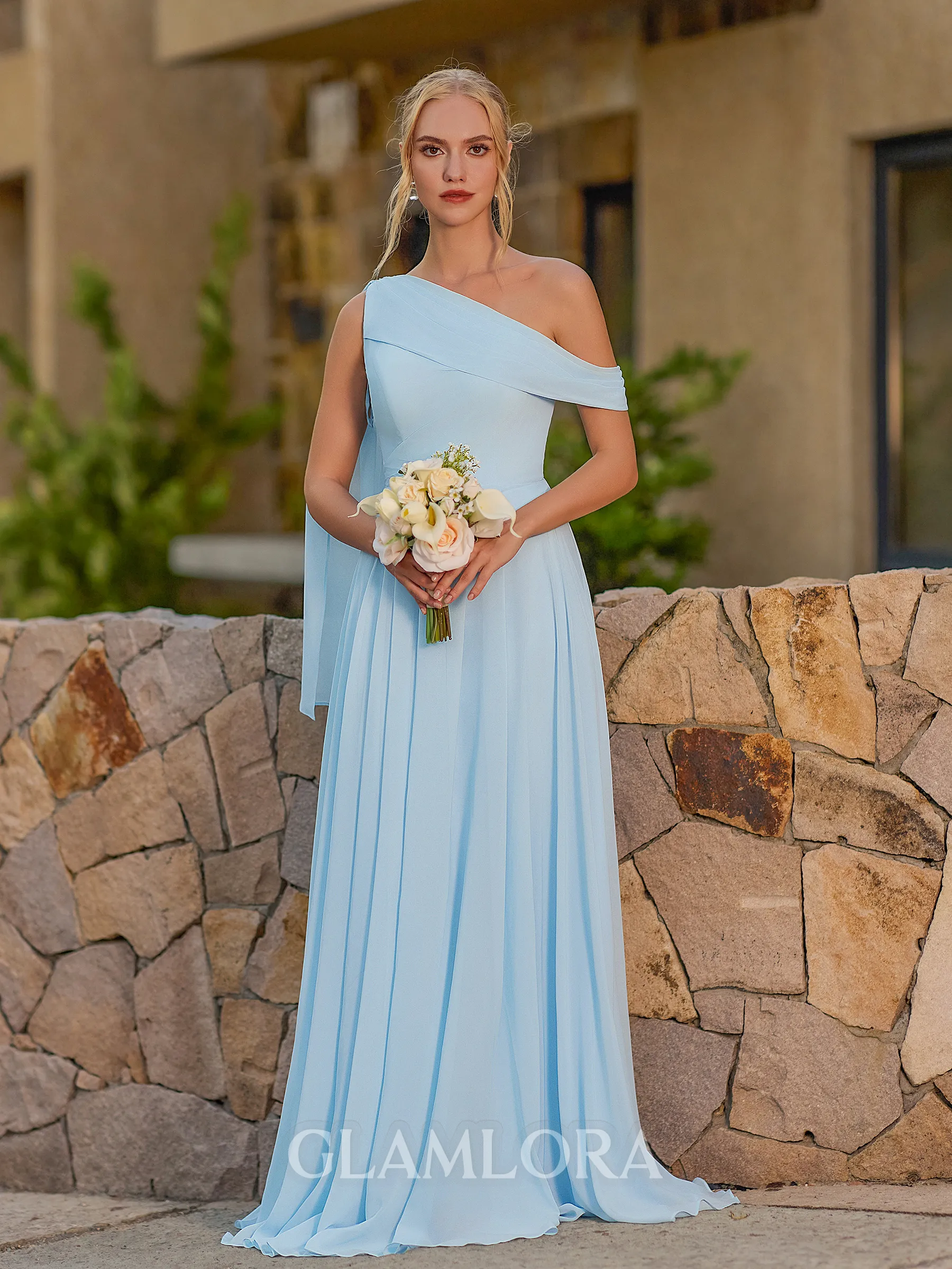 Splendid A-line One-Shoulder Pleated Floor-Length Chiffon Corset Bridesmaid Dress