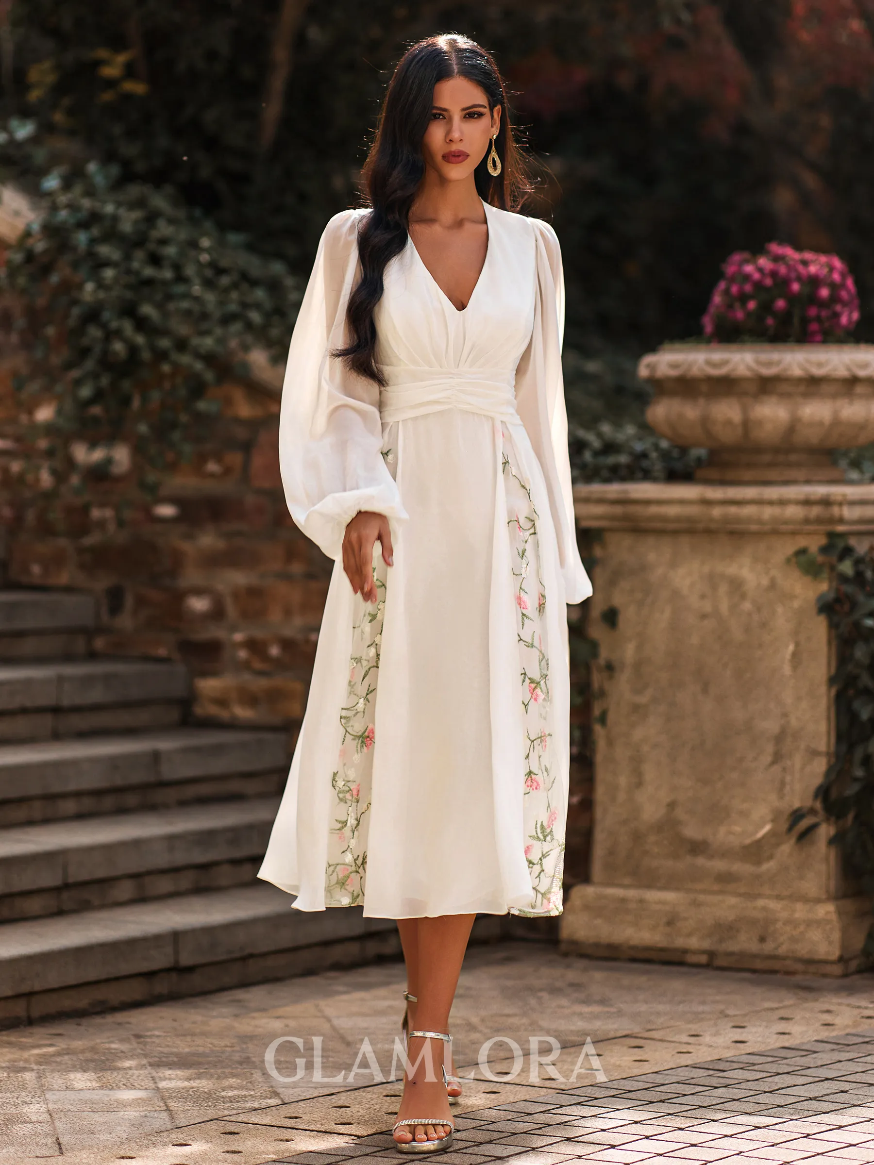 Breathtaking A-line V-neck Long Sleeves Pleated Tea-Length Chiffon Wedding Guest Dress