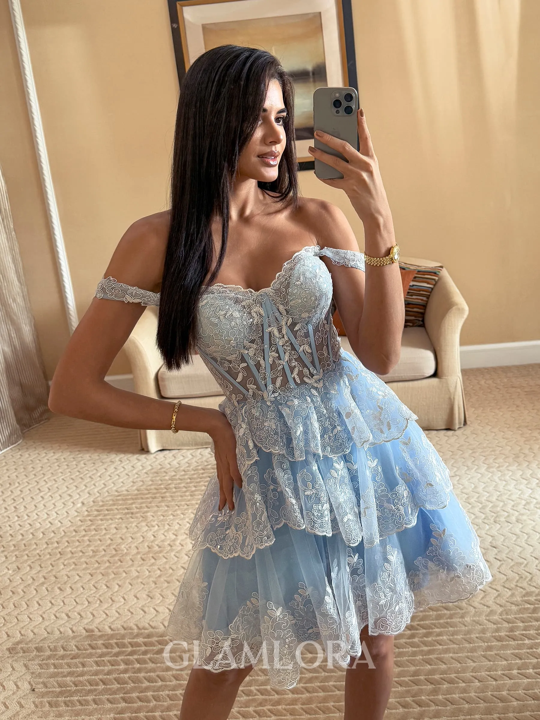 Glamorous Ball-Gown Off-the-Shoulder Appliques Lace Short/Mini Tulle Corset Homecoming Dress