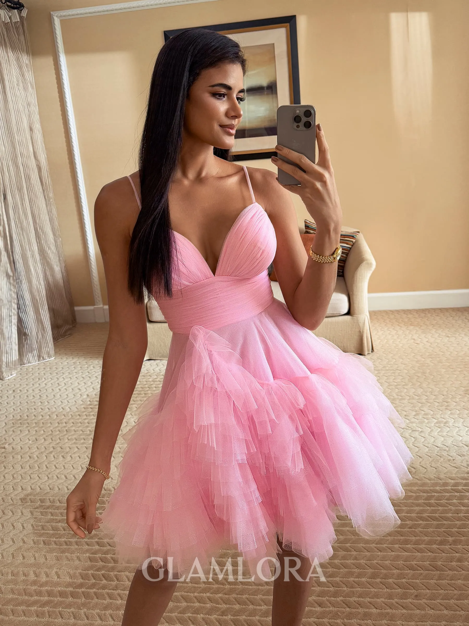 Mesmerizing A-line V-Neck Cascading Ruffles Short/Mini Tulle Homecoming Dress