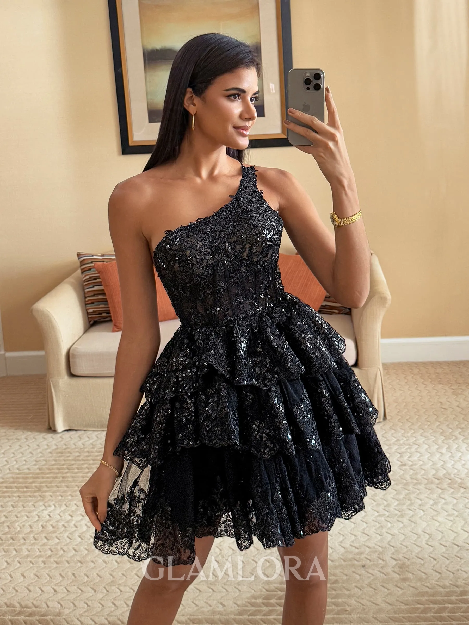 Delicate Ball-Gown One-Shoulder Appliques Lace Short/Mini Tulle Corset Homecoming Dress