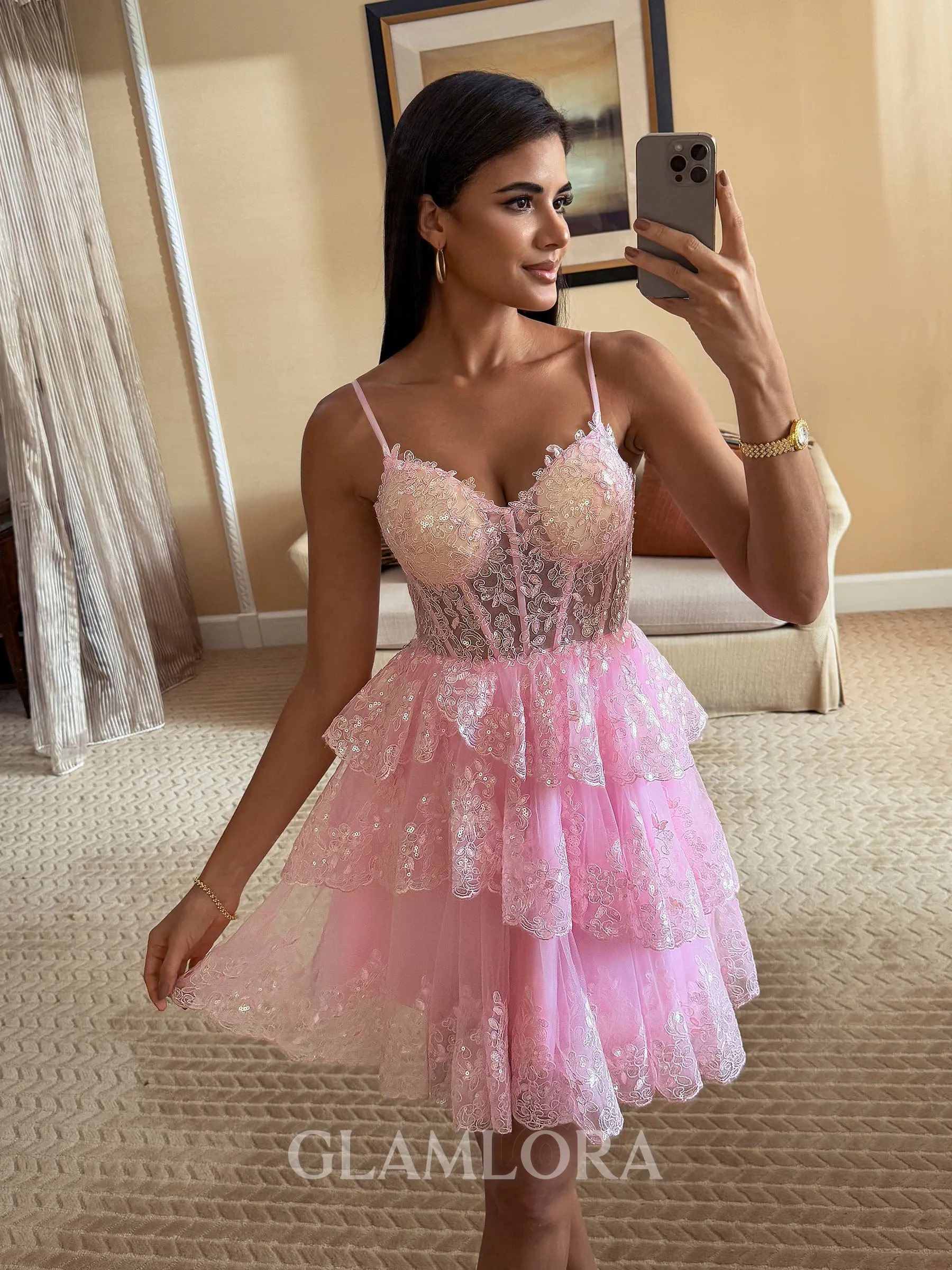 Elegant Ball-Gown V-Neck Appliques Lace Short/Mini Tulle Corset Homecoming Dress
