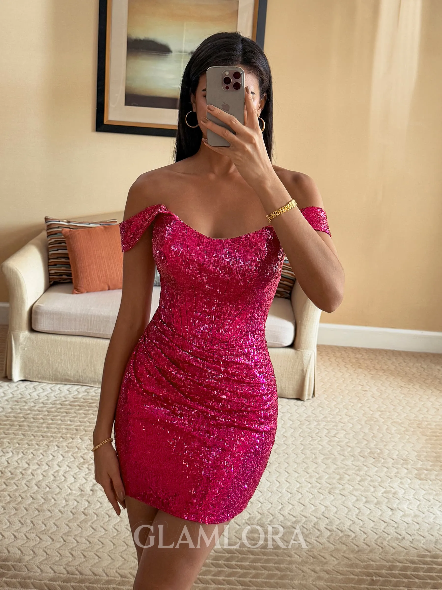 Show-stopping Sheath Off-the-Shoulder Pleated Short/Mini Sequins Corset Convertible Homecoming Dress