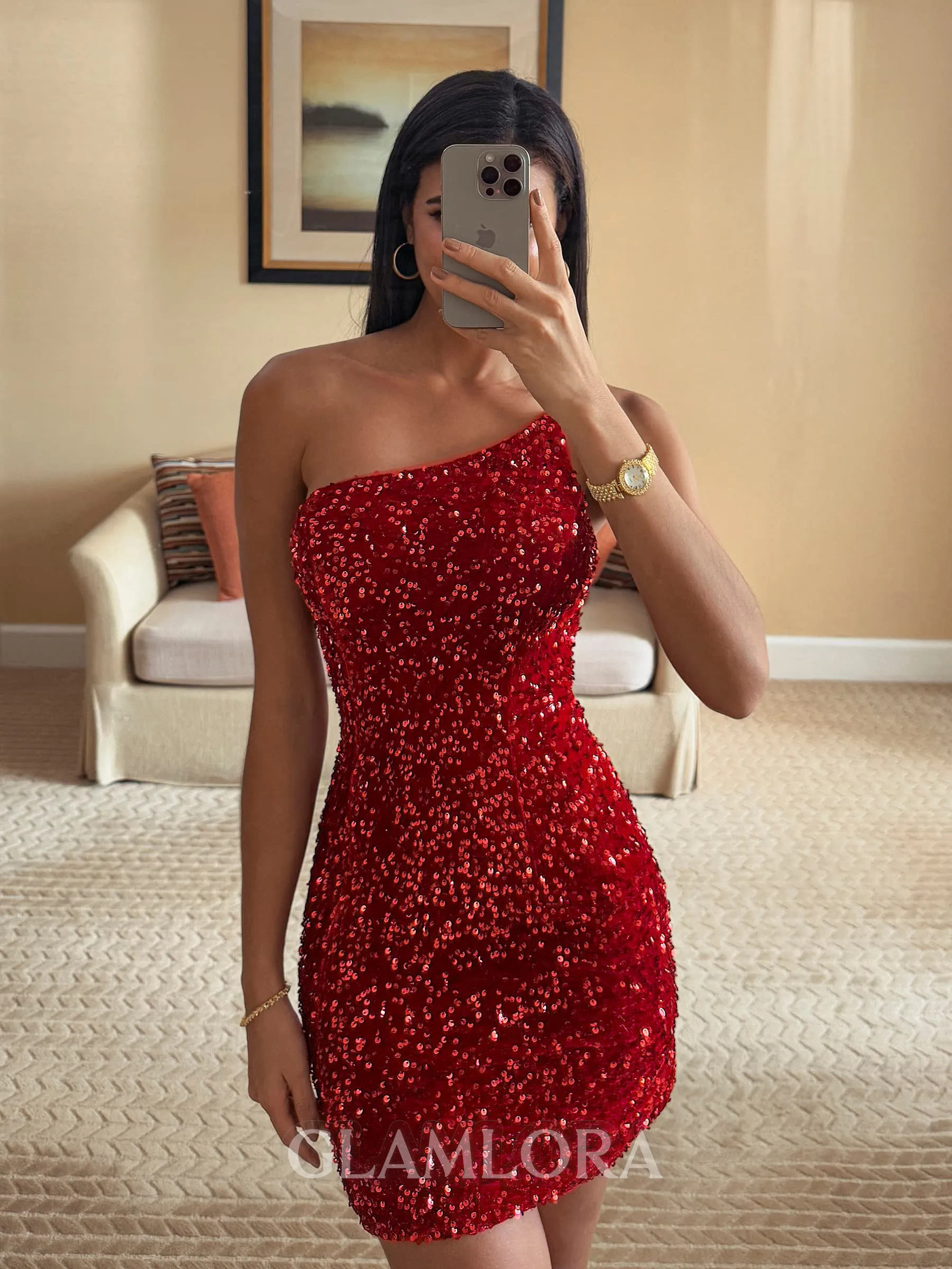 Perfect Sheath One-Shoulder Short/Mini Velvet Sequins Homecoming Dress