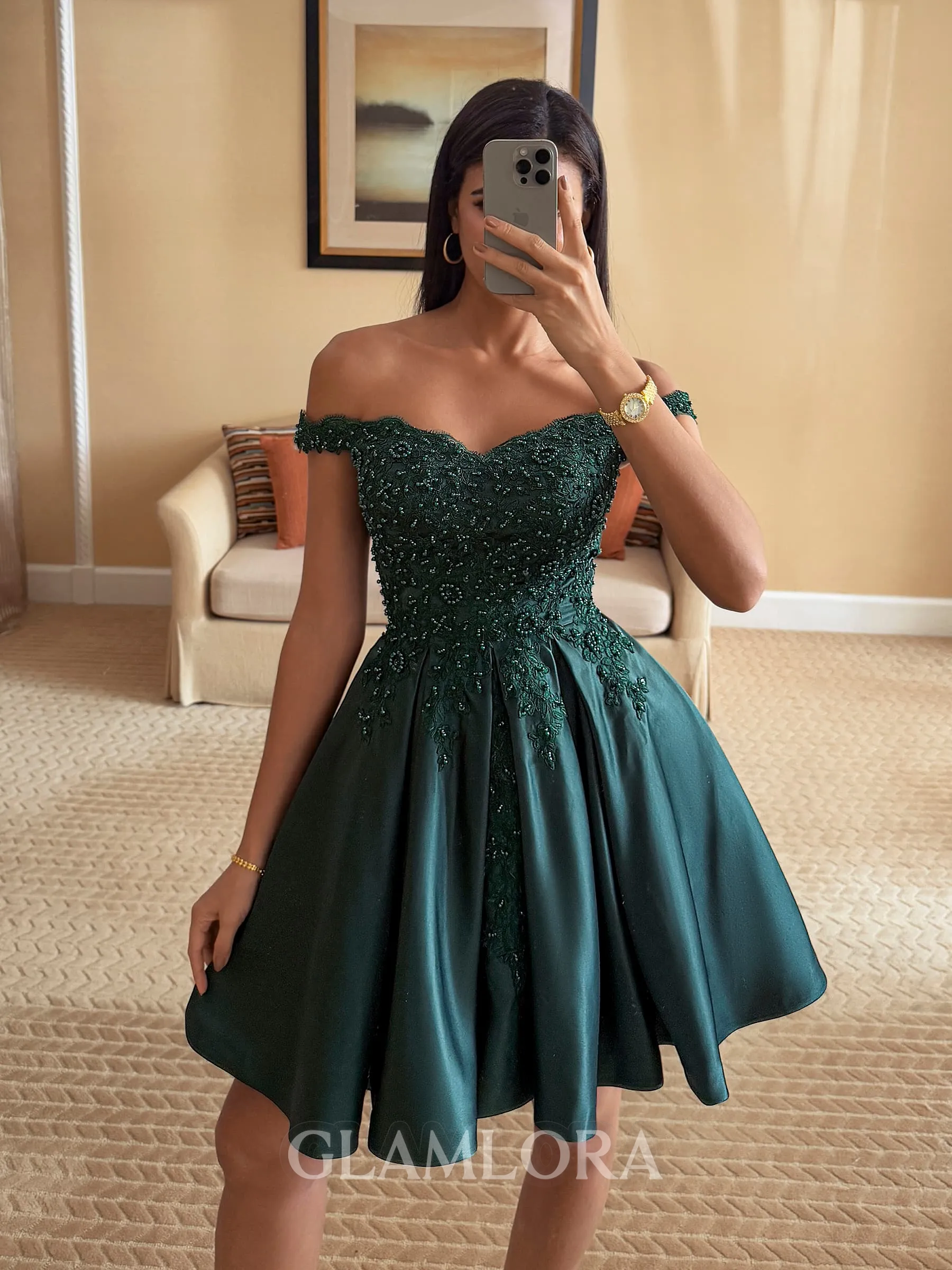 Stunning Ball-Gown Off-the-Shoulder Beading Short/Mini Satin Homecoming Dress
