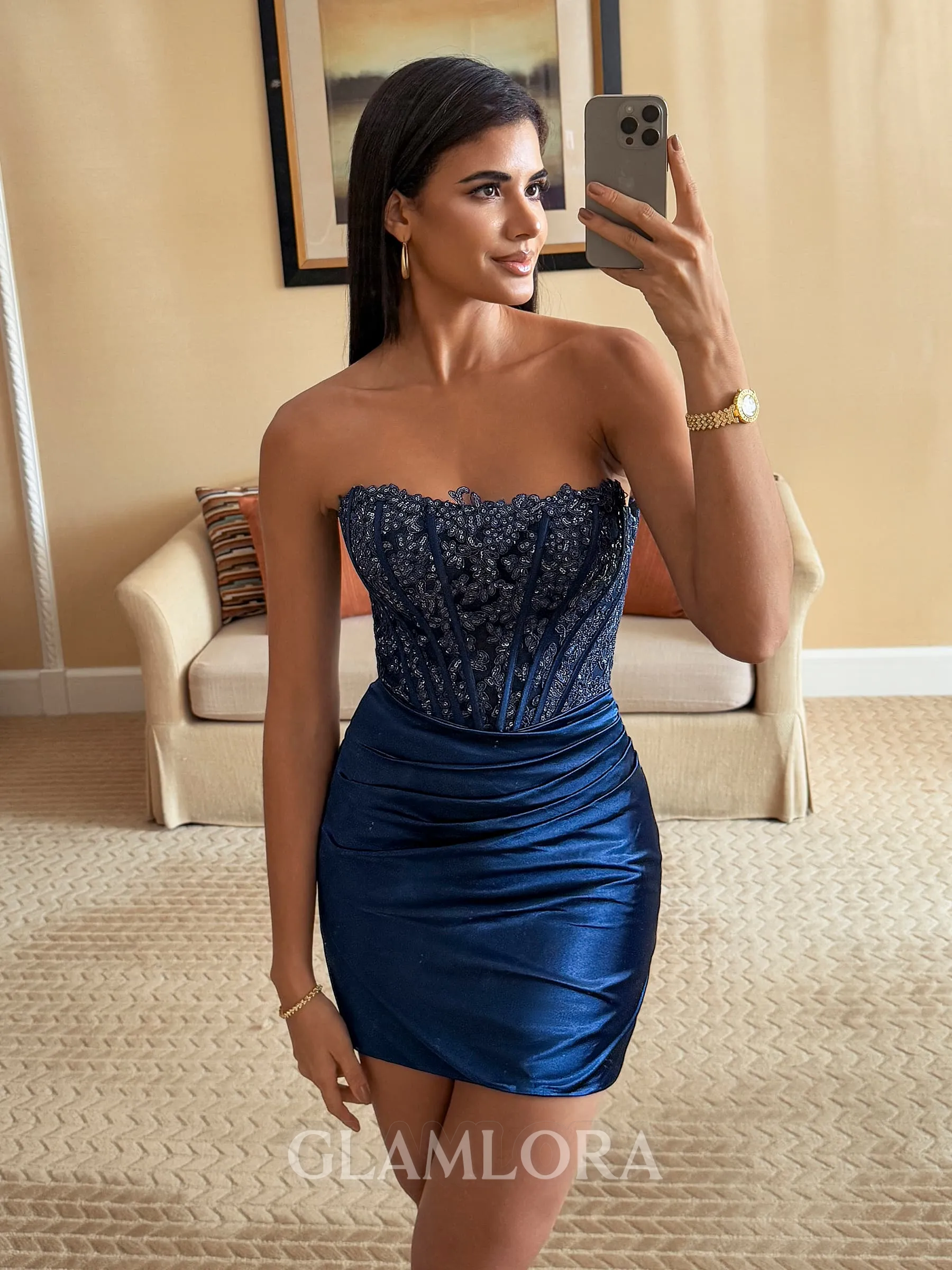 Pretty Sheath Strapless Appliques Lace Short/Mini Silk Like Satin Corset Homecoming Dress