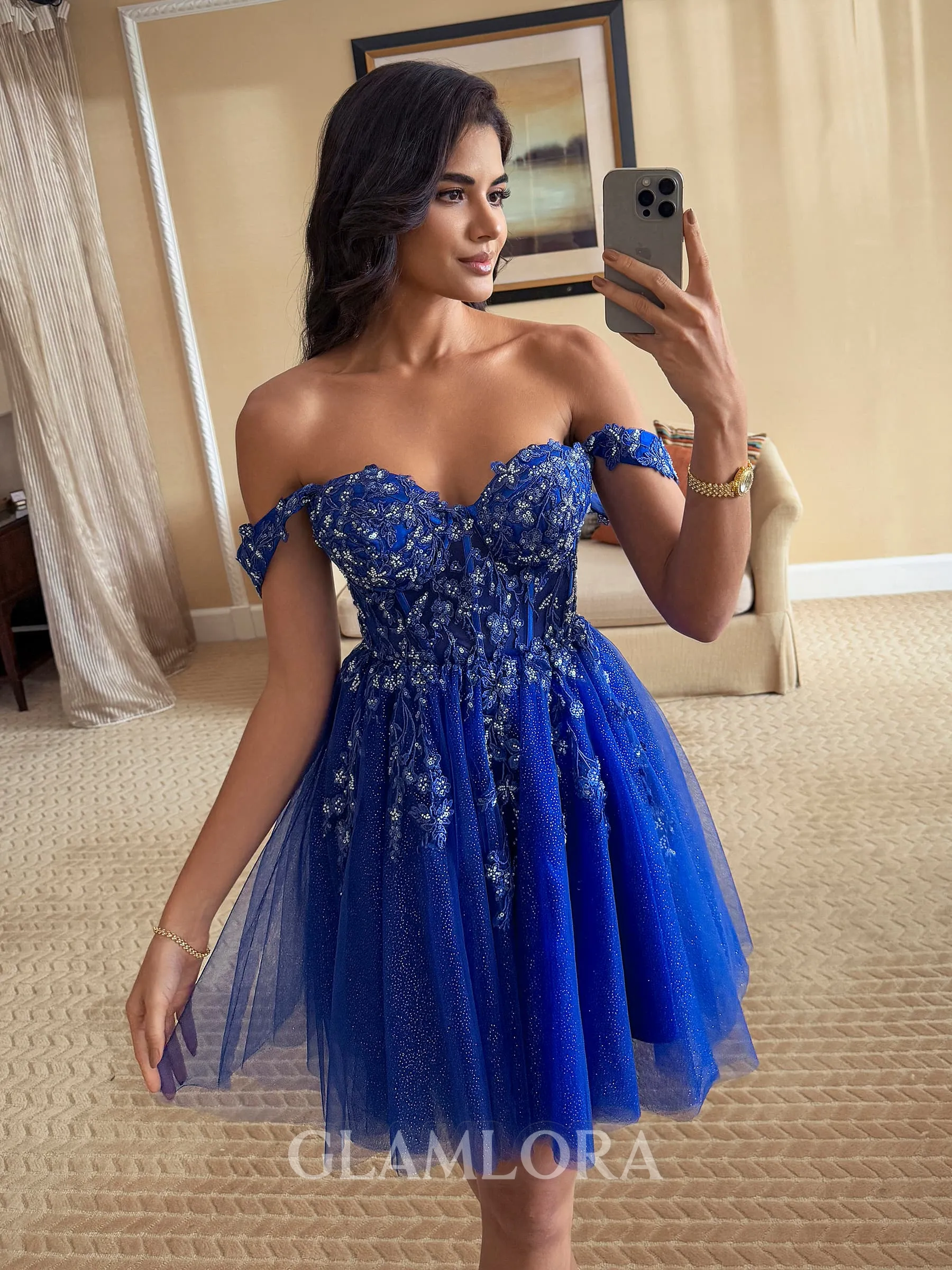 Unique Ball-Gown Off-the-Shoulder Appliques Lace Short/Mini Tulle Corset Homecoming Dress