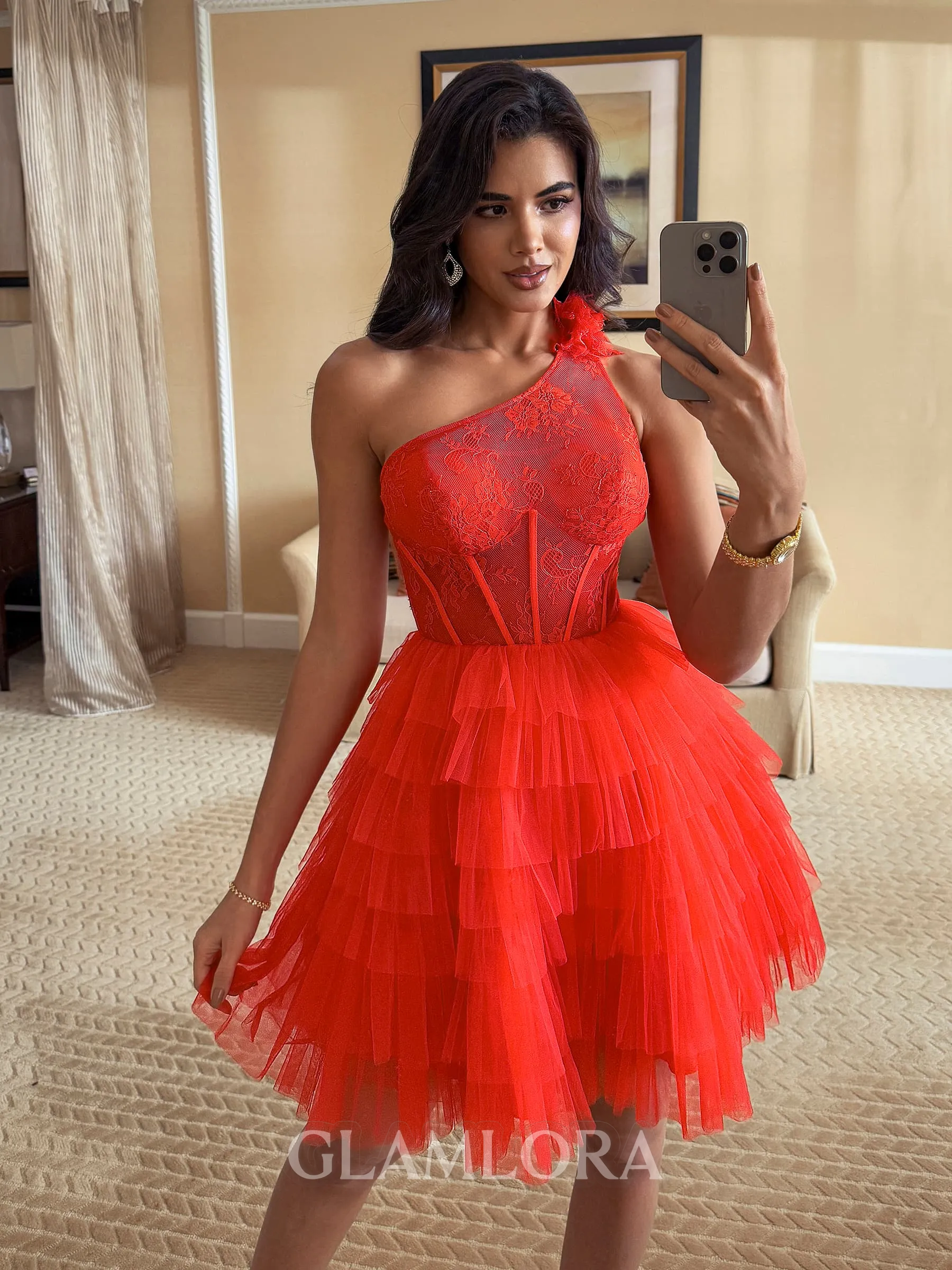Stunning Ball-Gown One-Shoulder Appliques Lace Short/Mini Tulle Corset Homecoming Dress