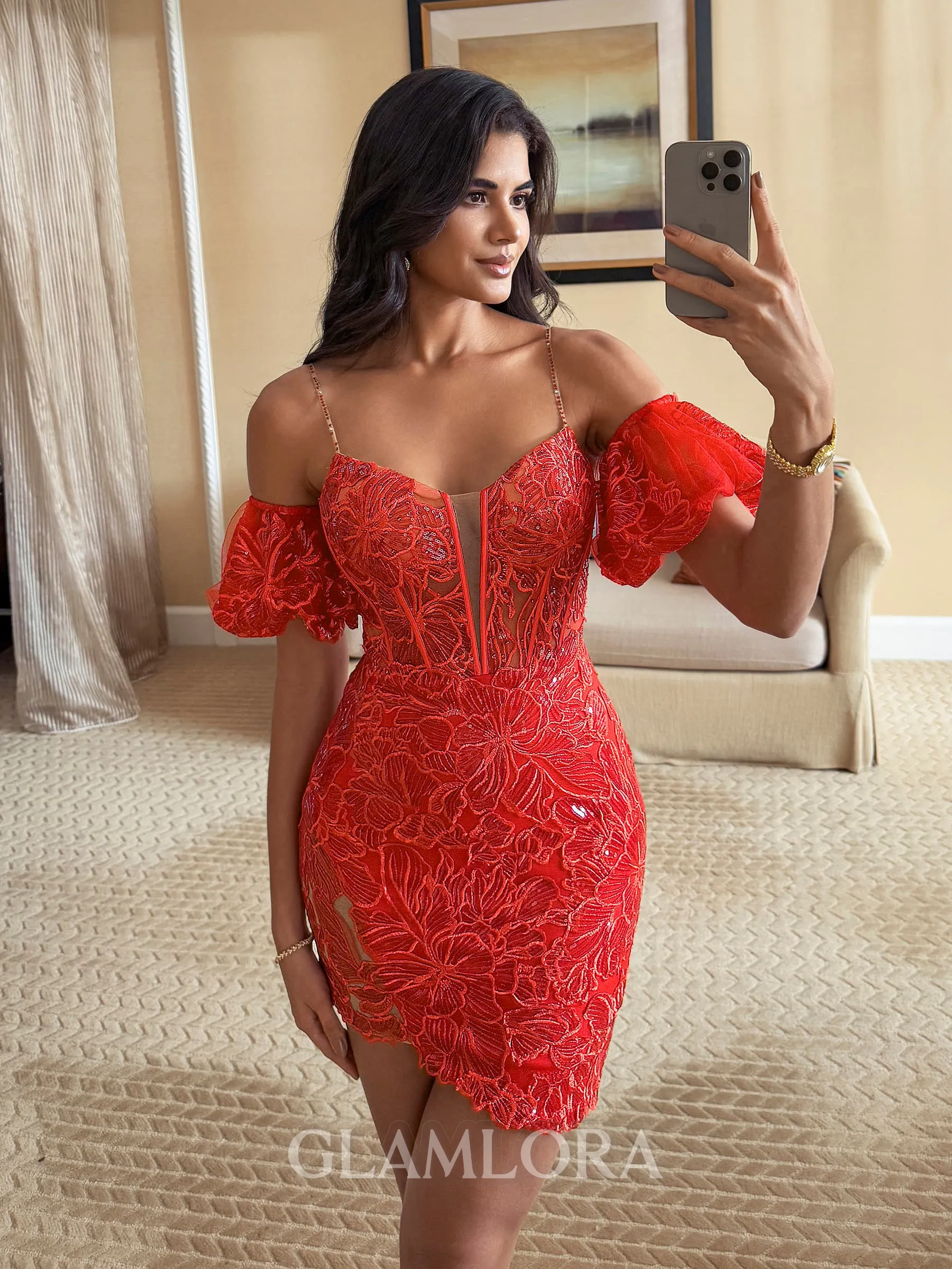 Gorgeous Sheath Spaghetti Straps Short Sleeves Sequin Short/Mini Lace Corset Convertible Homecoming Dress