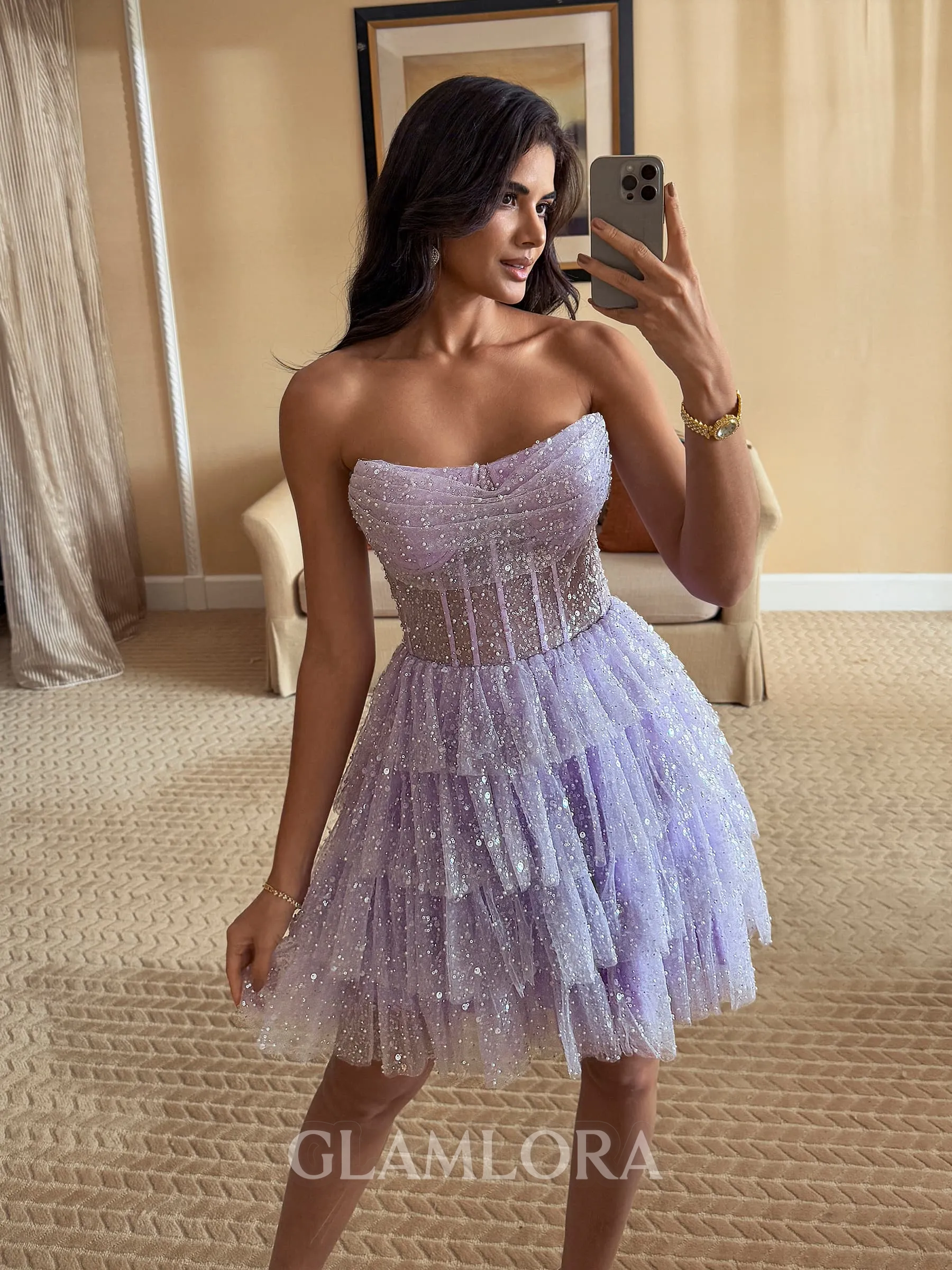 Graceful A-line Strapless Beading Short/Mini Corset Homecoming Dress