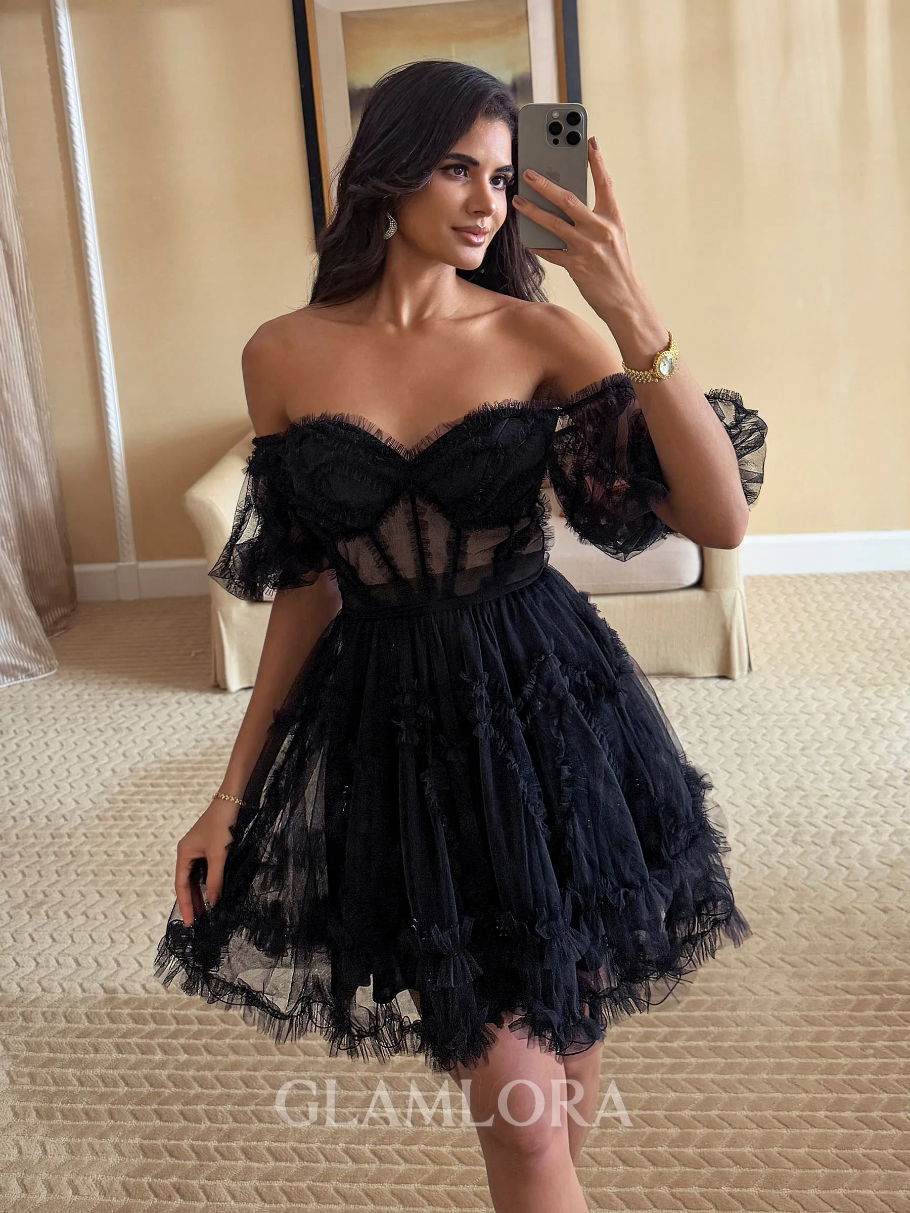Splendid A-line Off-the-Shoulder Short Sleeves Ruffles Short/Mini Tulle Corset Homecoming Dress