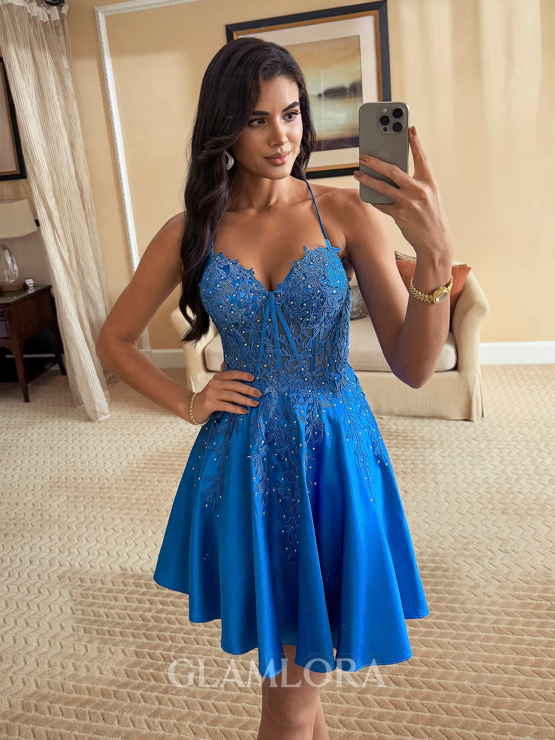 Unique A-line V-Neck Appliques Lace Short/Mini Silk Like Satin Corset Homecoming Dress