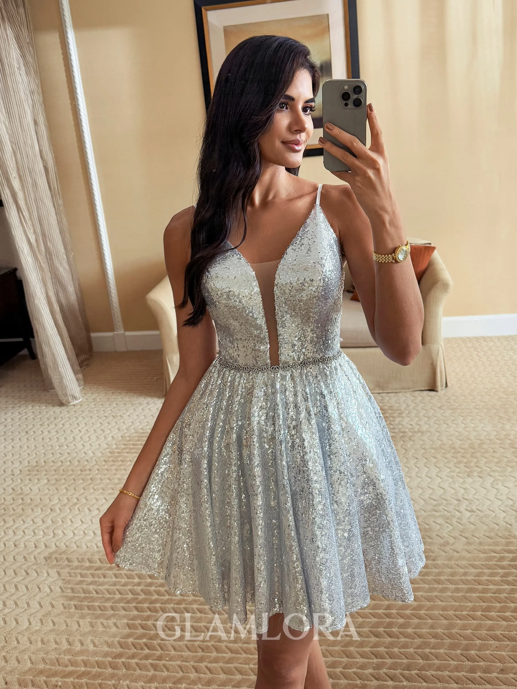 Grand A-line V-Neck Sash/Ribbon/Belt Short/Mini Sequins Homecoming Dress