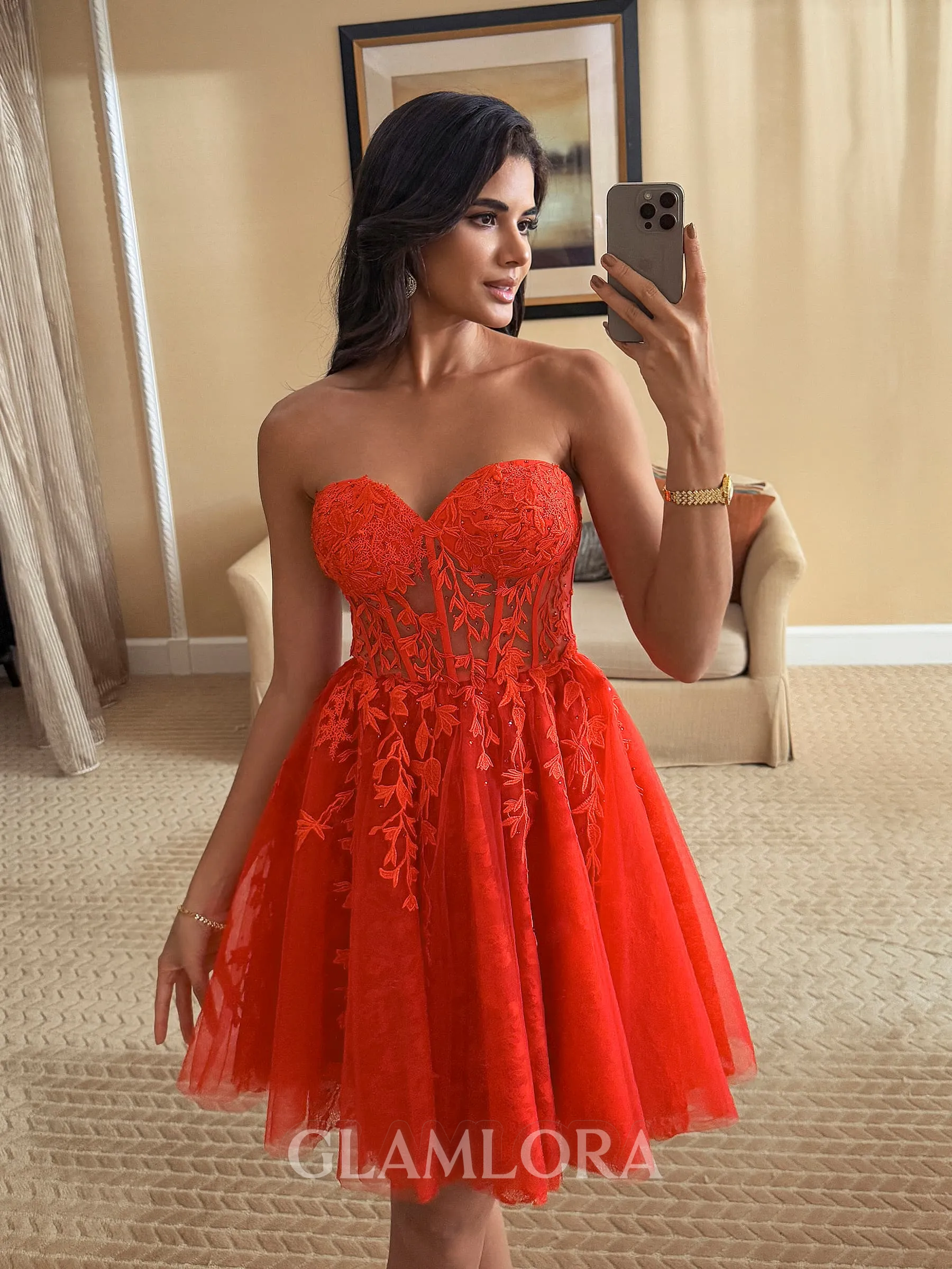Aristocratic A-line Sweetheart Appliques Lace Short/Mini Tulle Corset Homecoming Dress