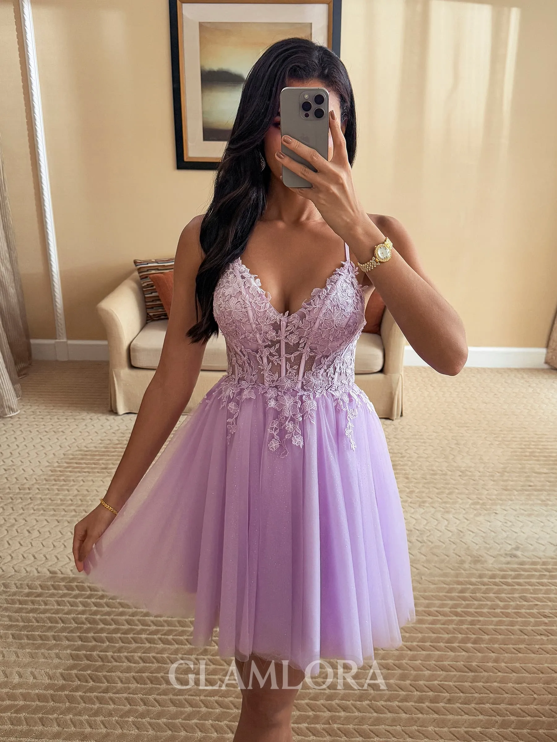Trendy A-line V-Neck Appliques Lace Short/Mini Tulle Corset Homecoming Dress