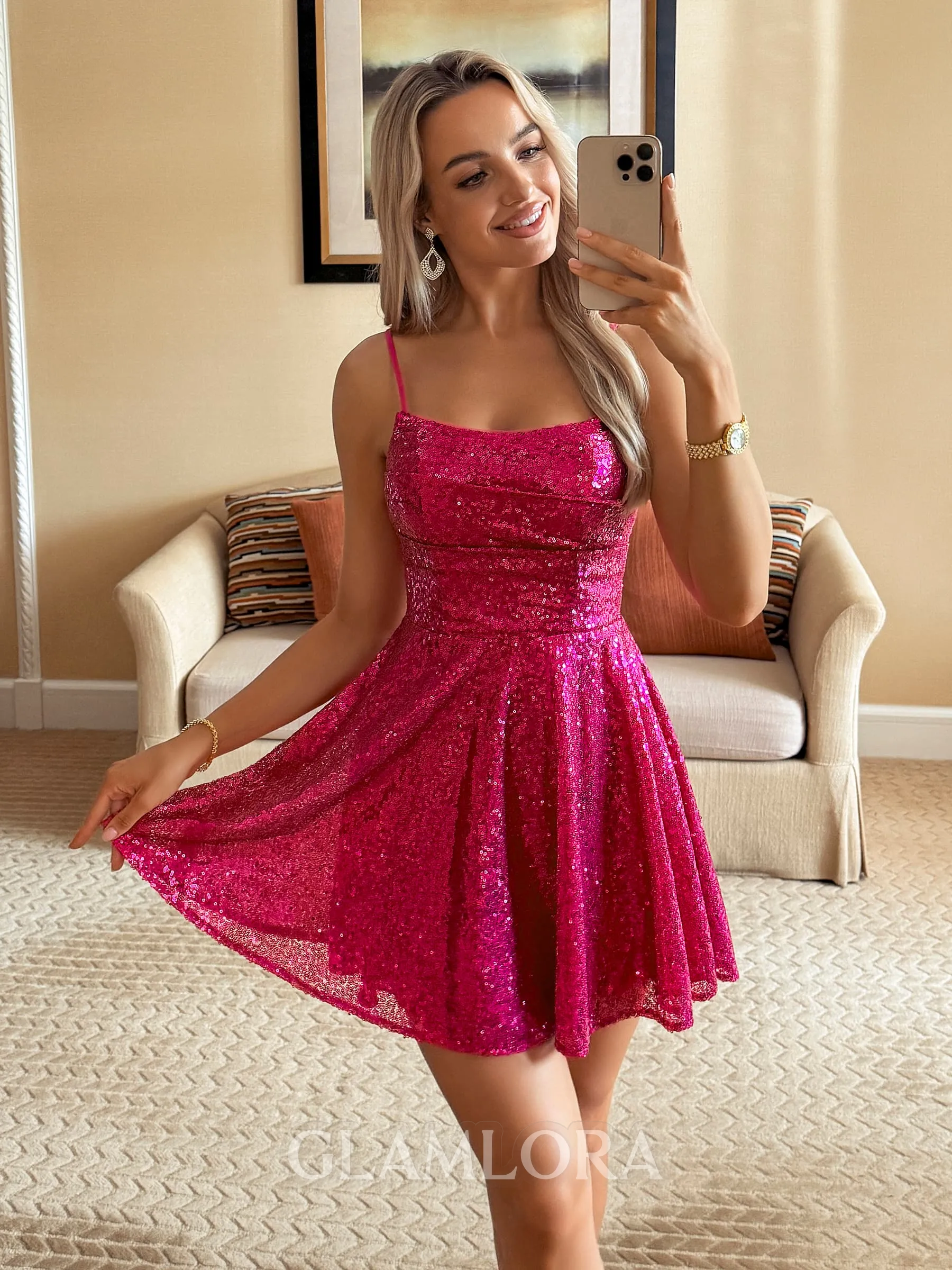 Unique A-line Spaghetti Straps Pleated Short/Mini Sequins Homecoming Dress