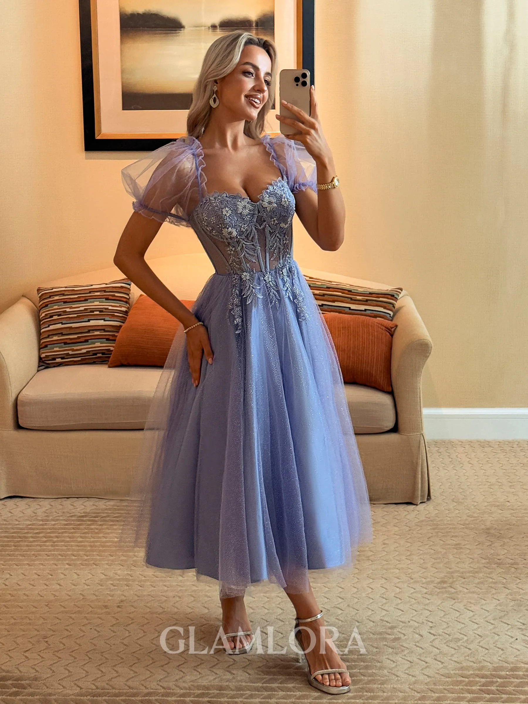 Aristocratic A-line Sweetheart Short Sleeves Corset Appliques Lace Tea-Length Lace Homecoming Dress