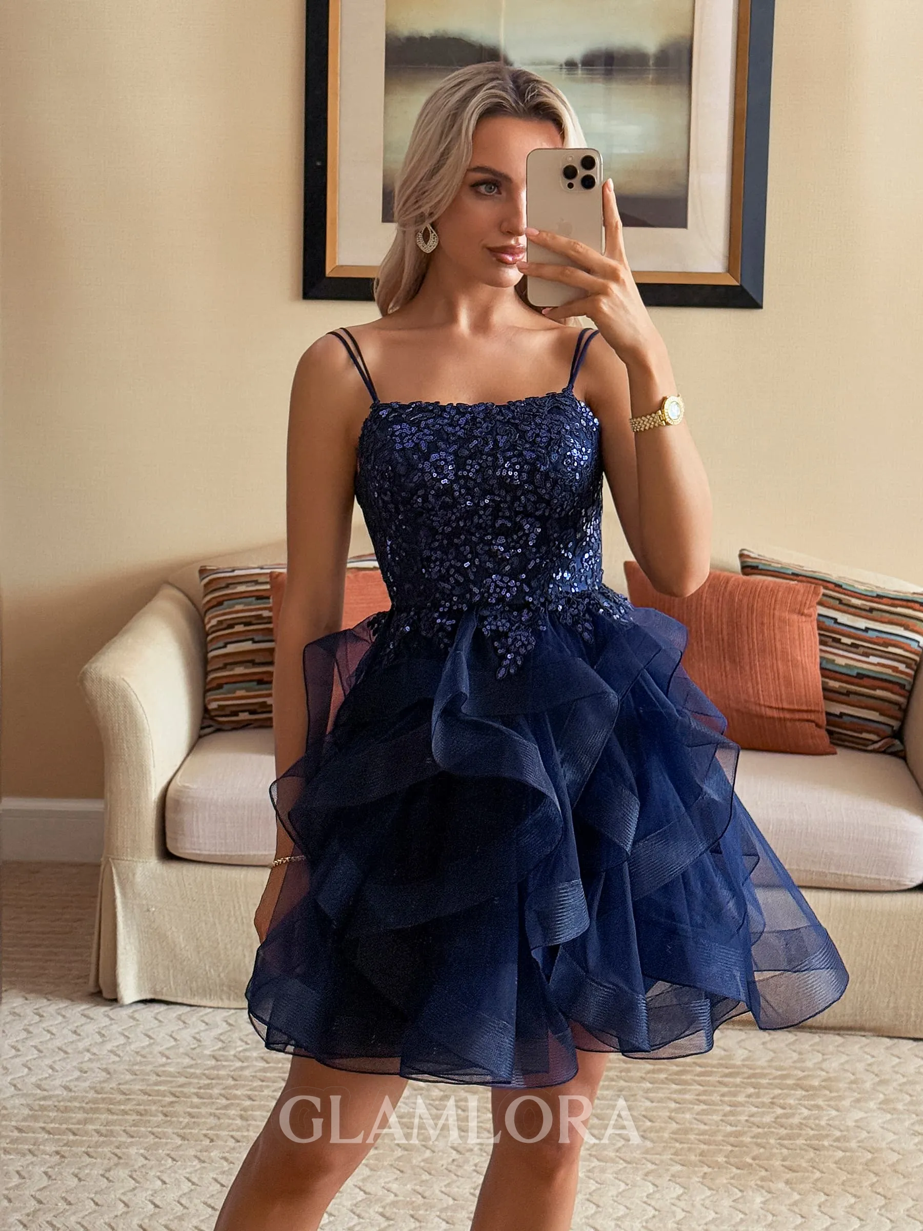 Captivating A-line Spaghetti Straps Cascading Ruffles Short/Mini Tulle Homecoming Dress