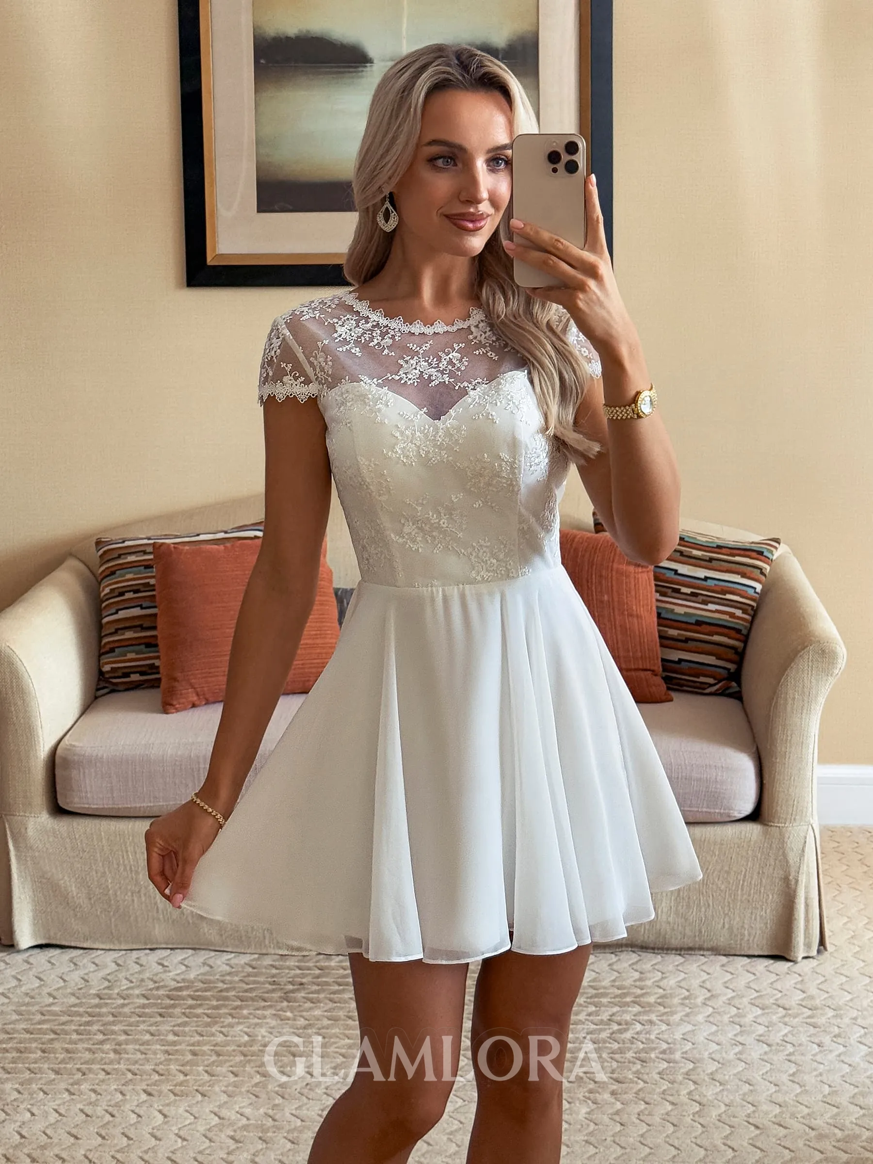 Glam A-line Illusion Short Sleeves Appliques Lace Short/Mini Chiffon Homecoming Dress