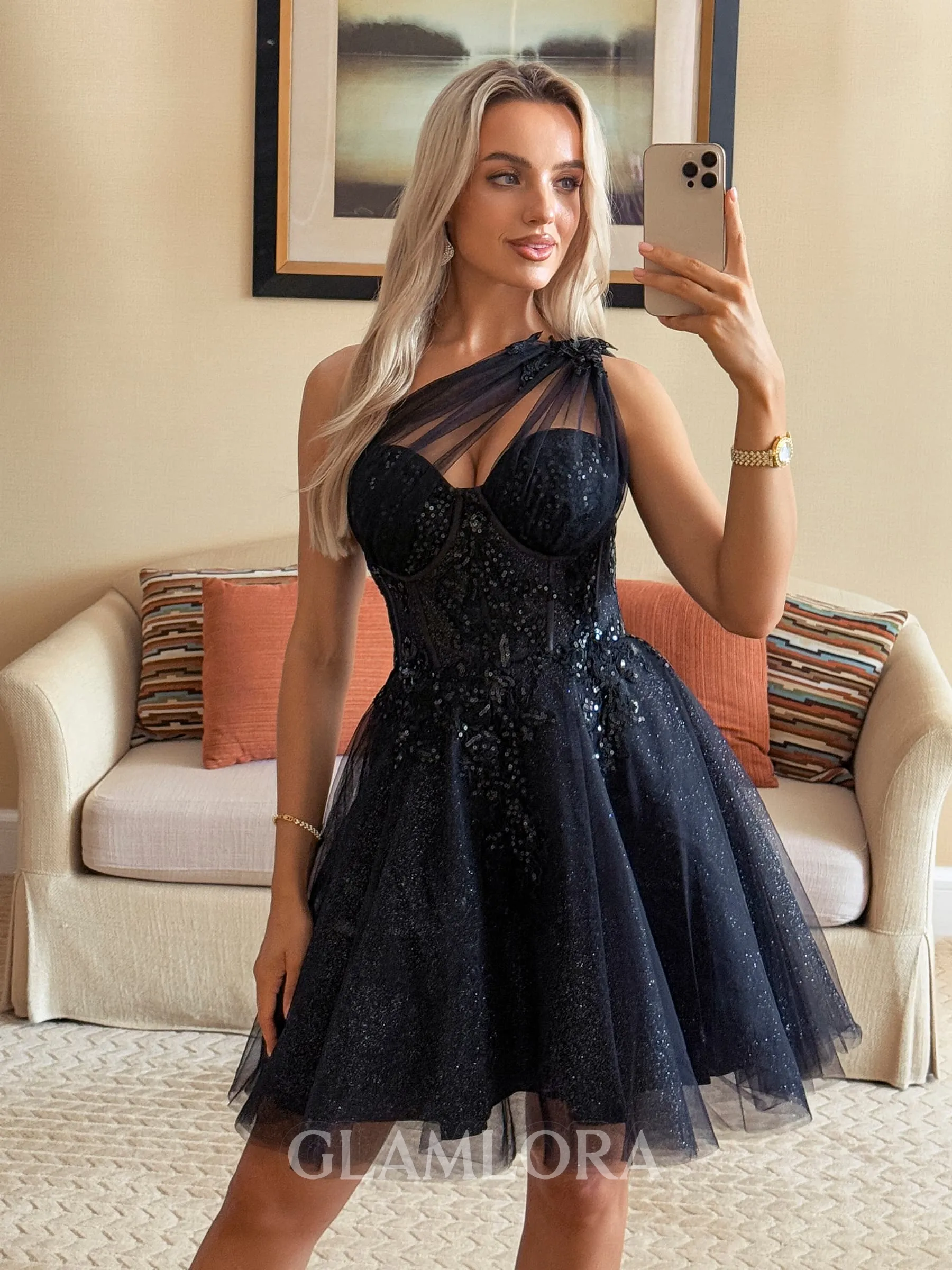 Elegant A-line One-Shoulder Corset Sequin Short/Mini Tulle Homecoming Dress