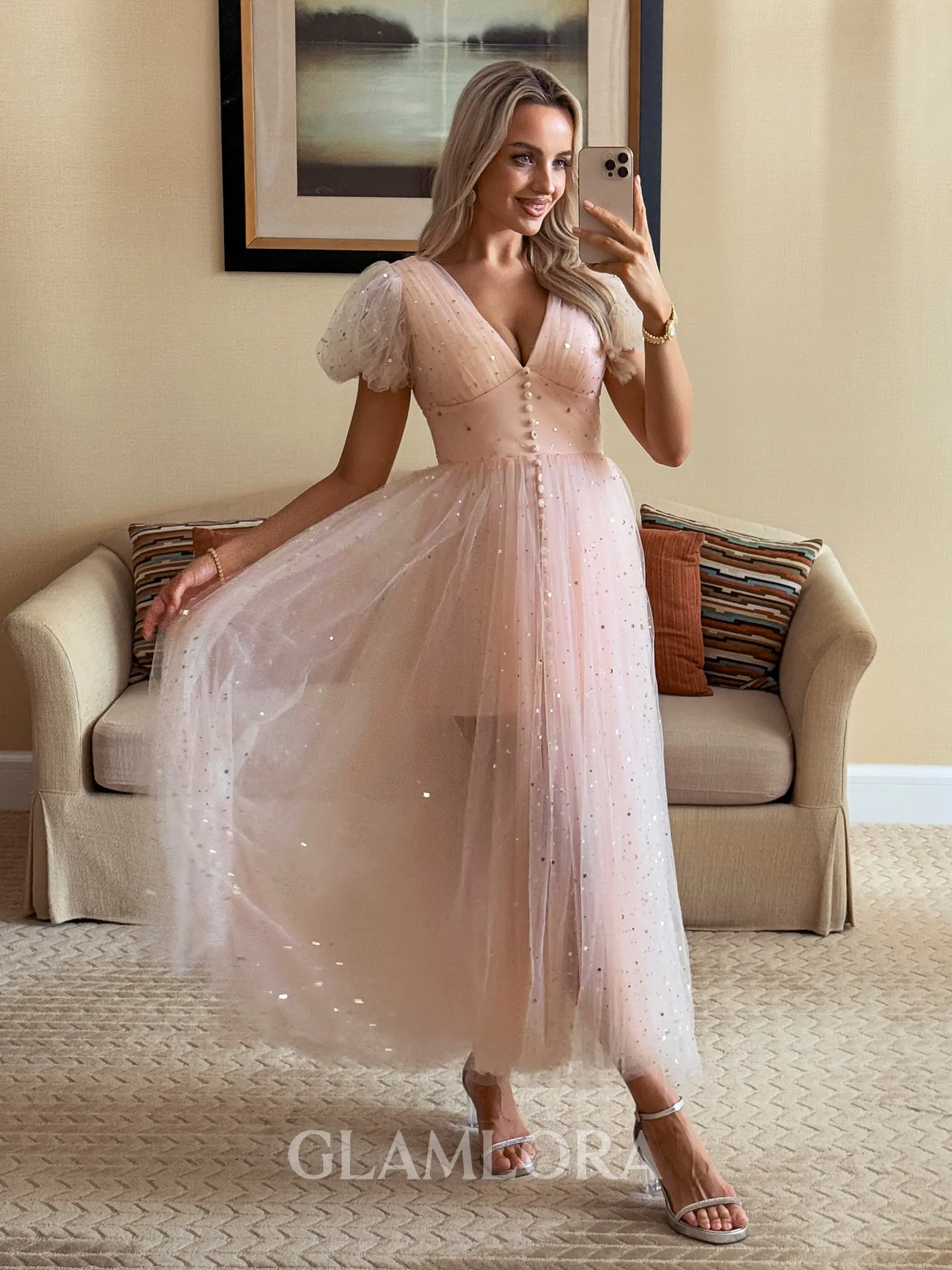 Glamorous A-line V-Neck Short Sleeves Pleated Tea-Length Tulle Homecoming Dress