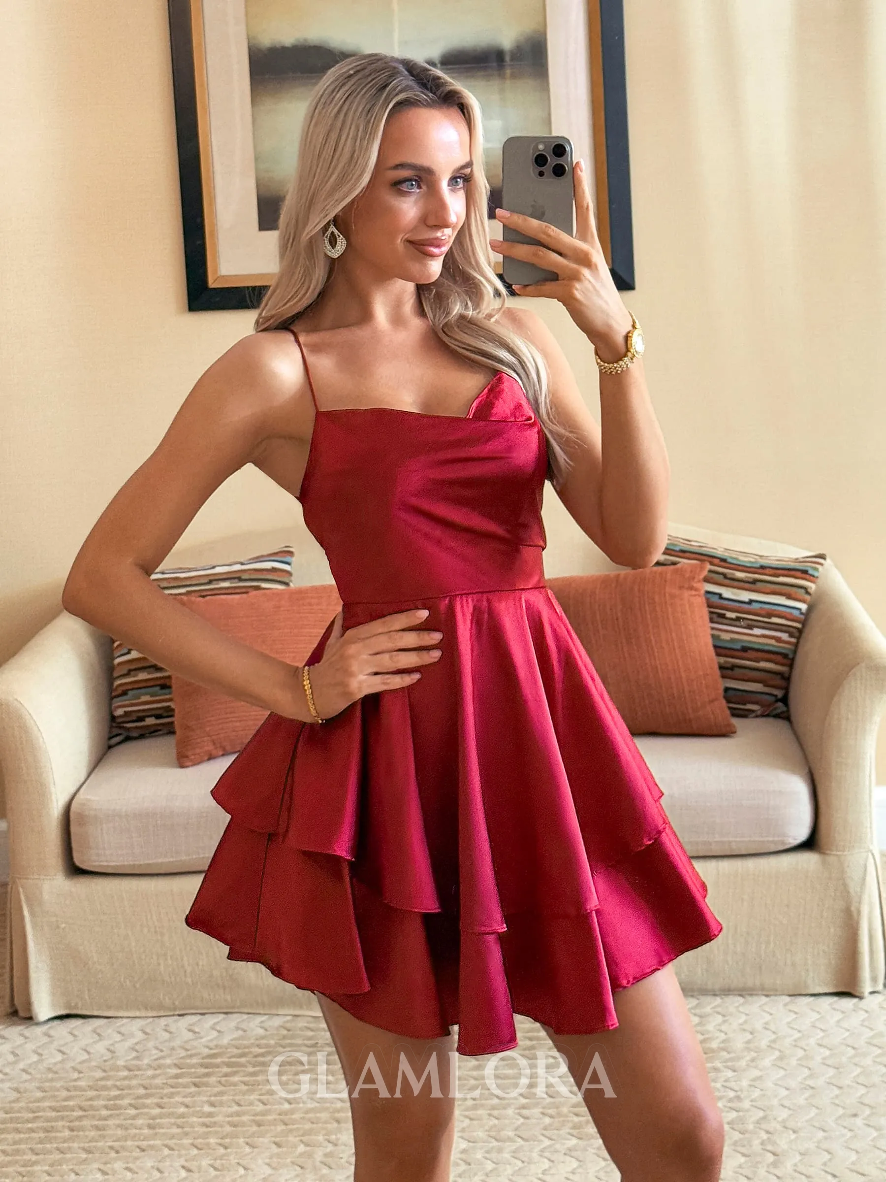 Glam A-line Spaghetti Straps Cascading Ruffles Short/Mini Silk Like Satin Homecoming Dress