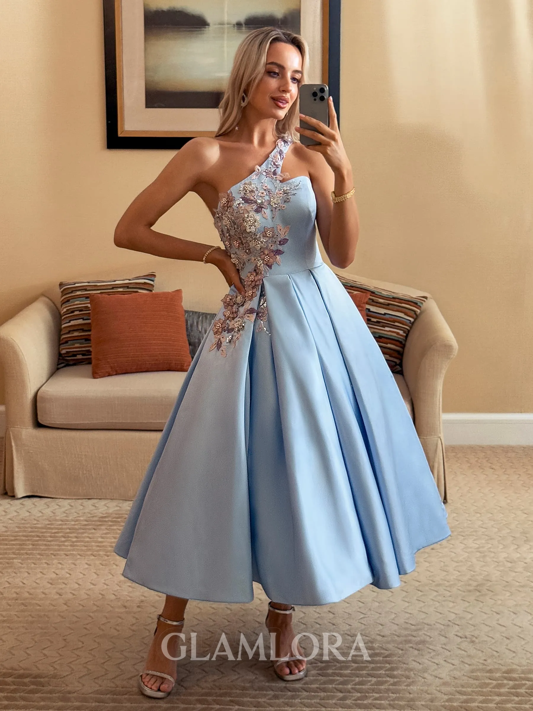 Perfect Ball-Gown One-Shoulder Flower Tea-Length Satin Homecoming Dress