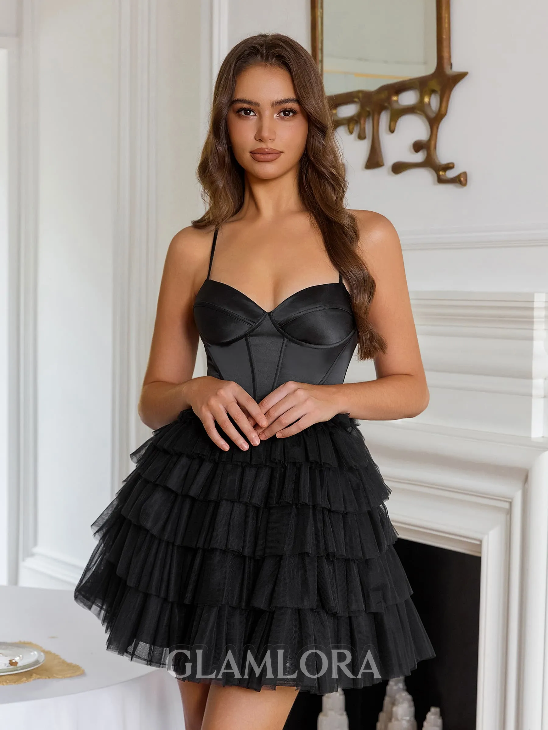 Elegant A-line Spaghetti Straps Cascading Ruffles Short/Mini Tulle Corset Homecoming Dress