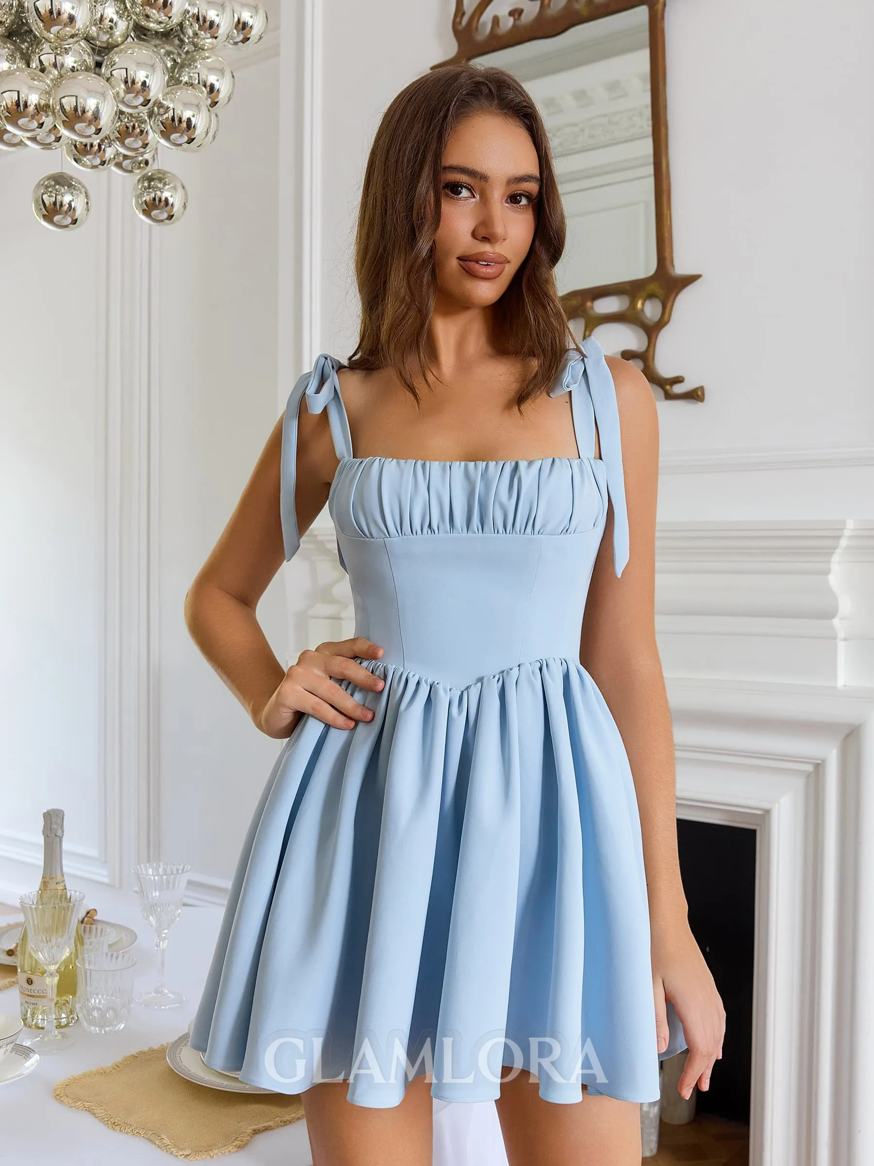 Grand A-line Straps Bow Short/Mini Stretch Crepe Corset Homecoming Dress