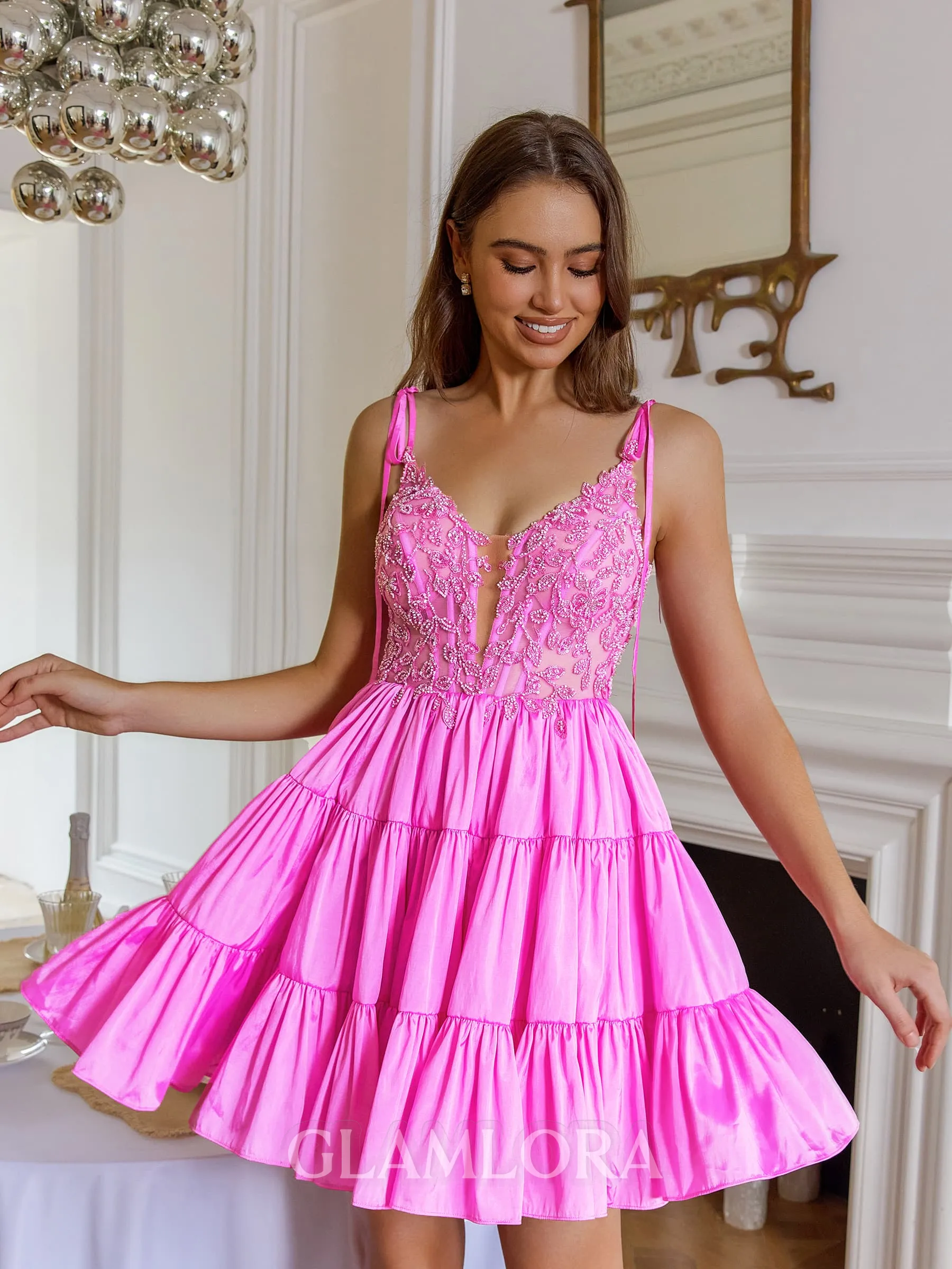 Extravagant A-line V-Neck Appliques Lace Short/Mini Taffeta Corset Homecoming Dress