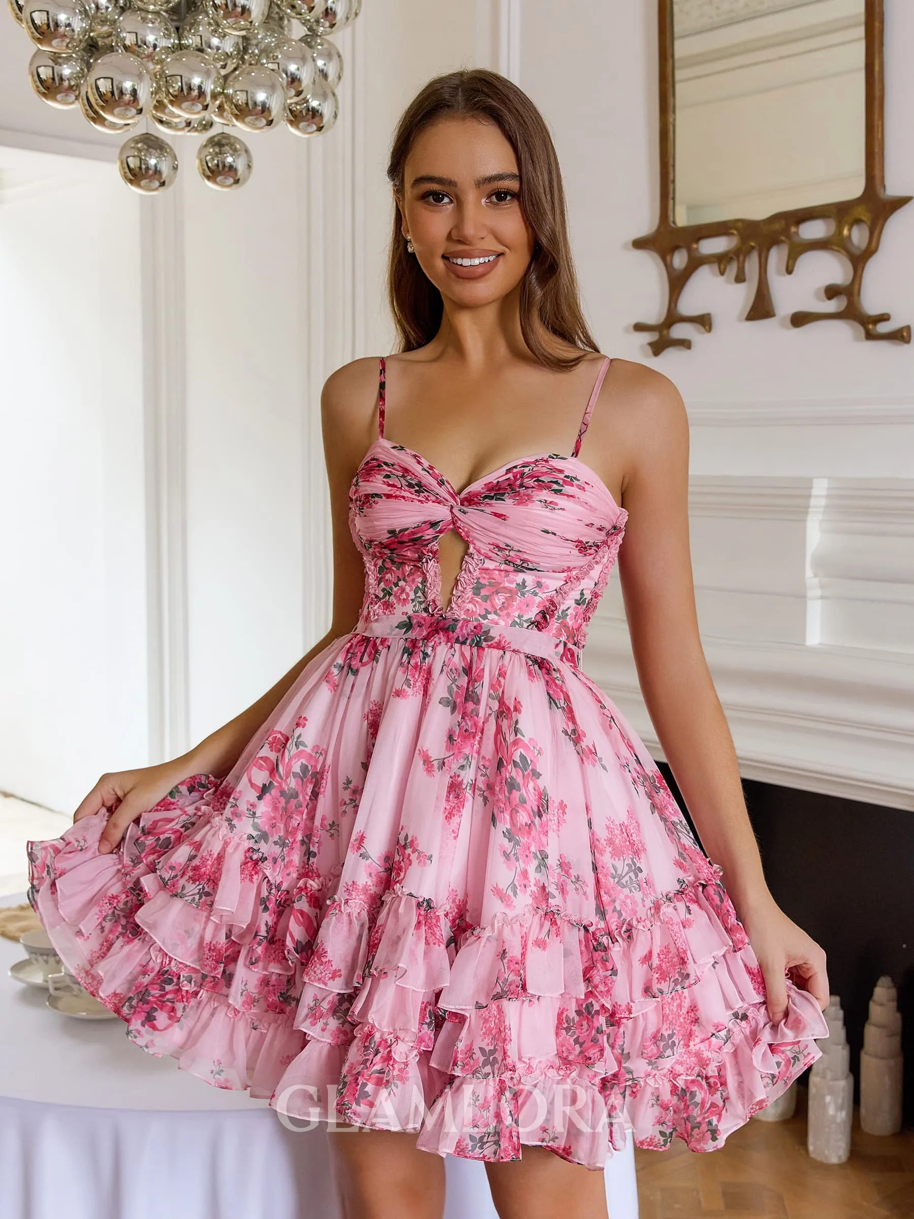 Splendiferous A-line Spaghetti Straps Cascading Ruffles Short/Mini Corset Homecoming Dress