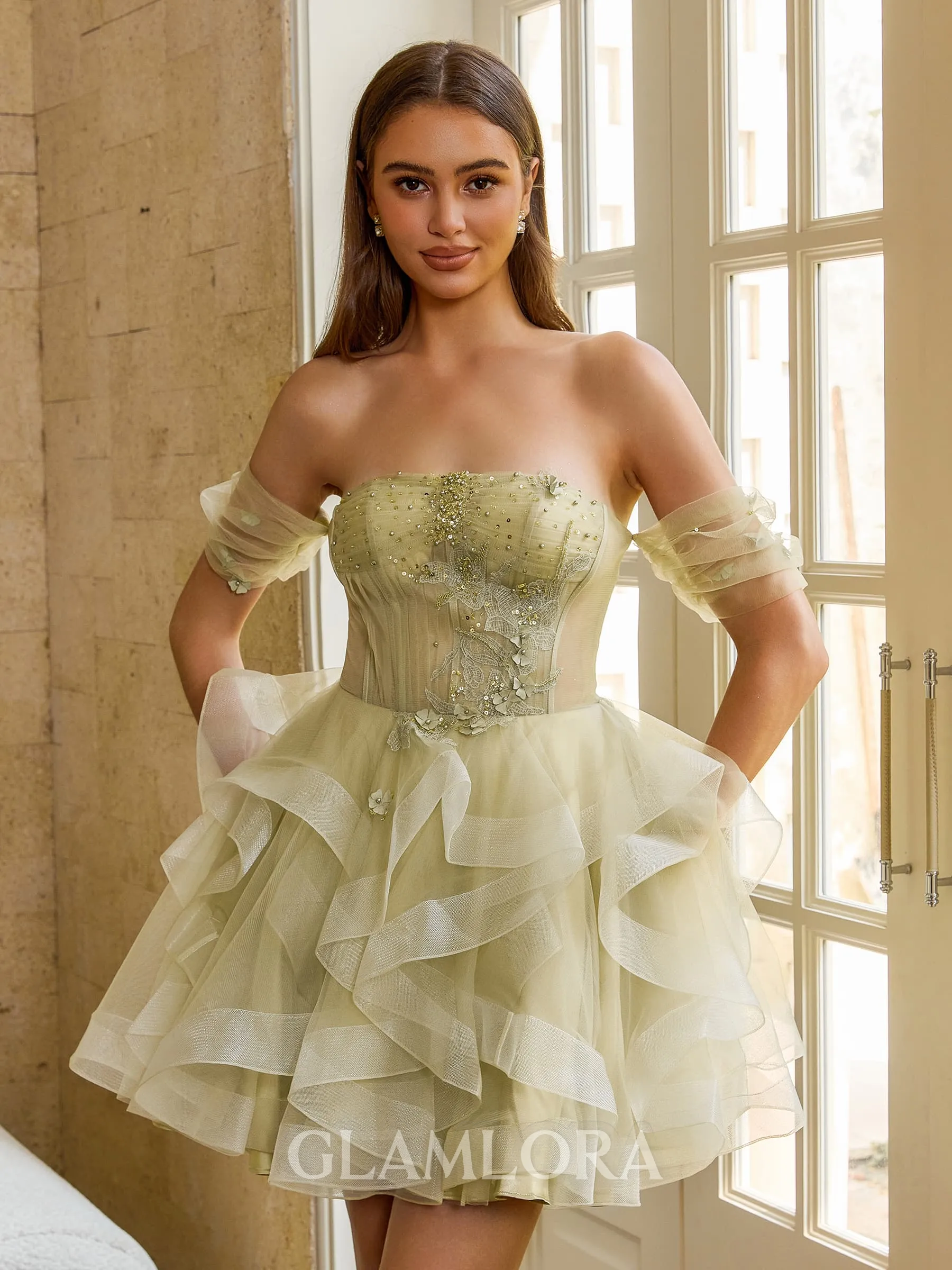 Glamorous Ball-Gown Off-the-Shoulder Short Sleeves Beading Short/Mini Tulle Corset Homecoming Dress