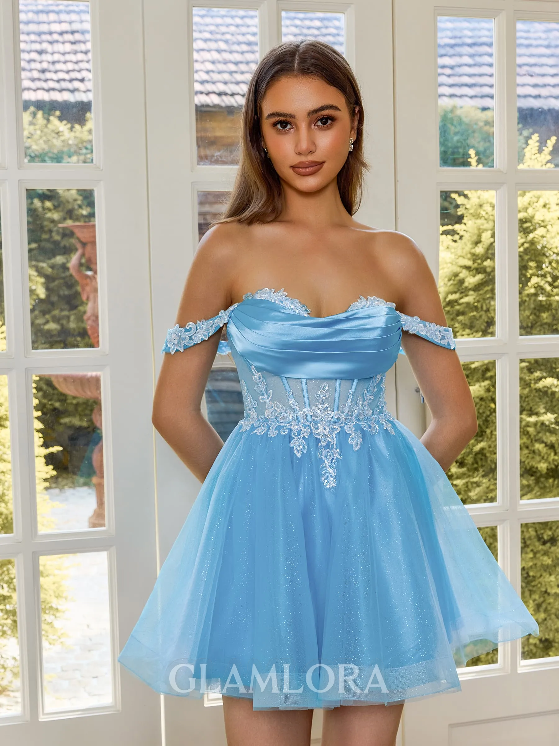 Exquisite A-line Off-the-Shoulder Appliques Lace Short/Mini Tulle Corset Homecoming Dress
