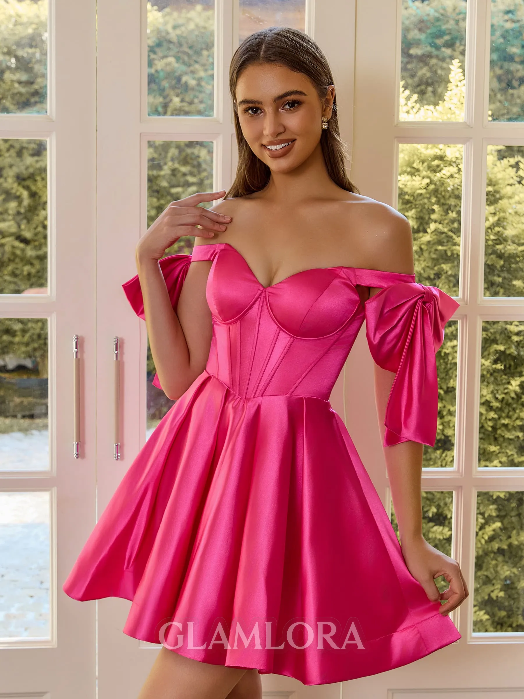 Captivating A-line Off-the-Shoulder Bow Short/Mini Silk Like Satin Corset Homecoming Dress