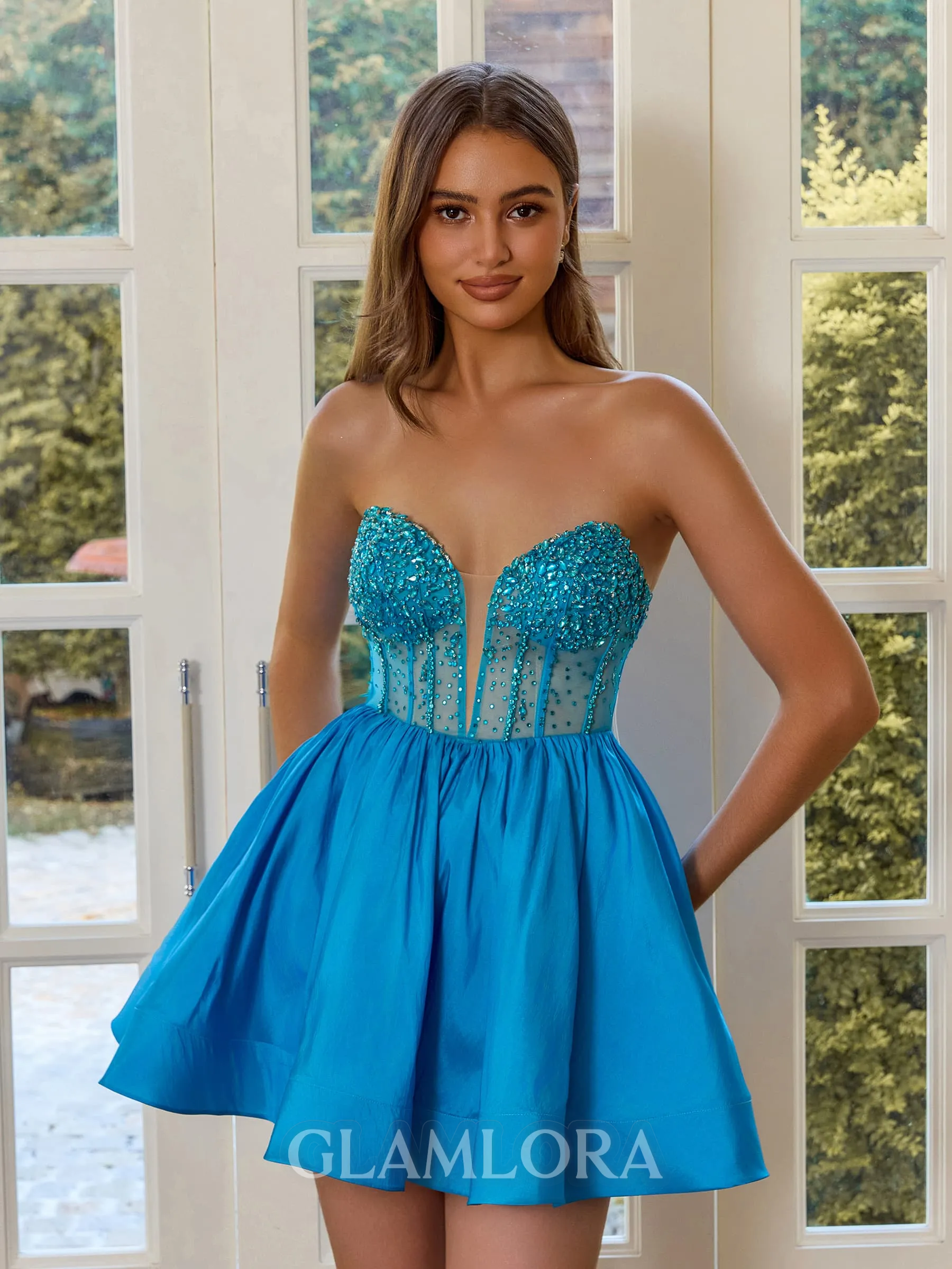 Magnificent Ball-Gown Sweetheart Beading Short/Mini Taffeta Corset Homecoming Dress