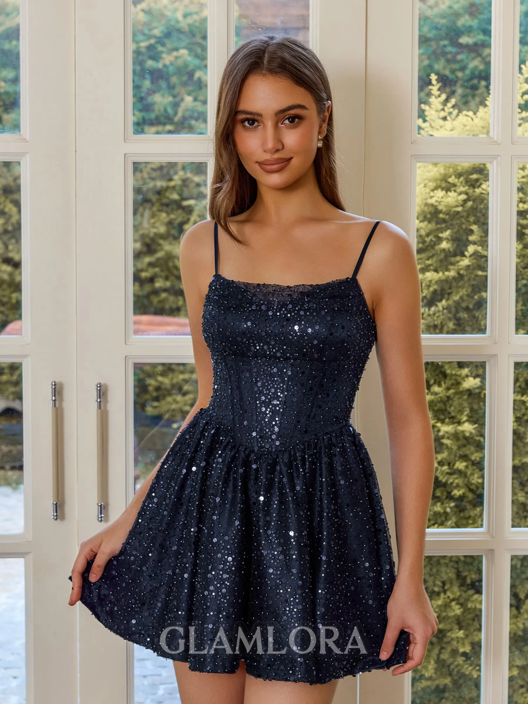 Delicate A-line Spaghetti Straps Short/Mini Lace Corset Homecoming Dress