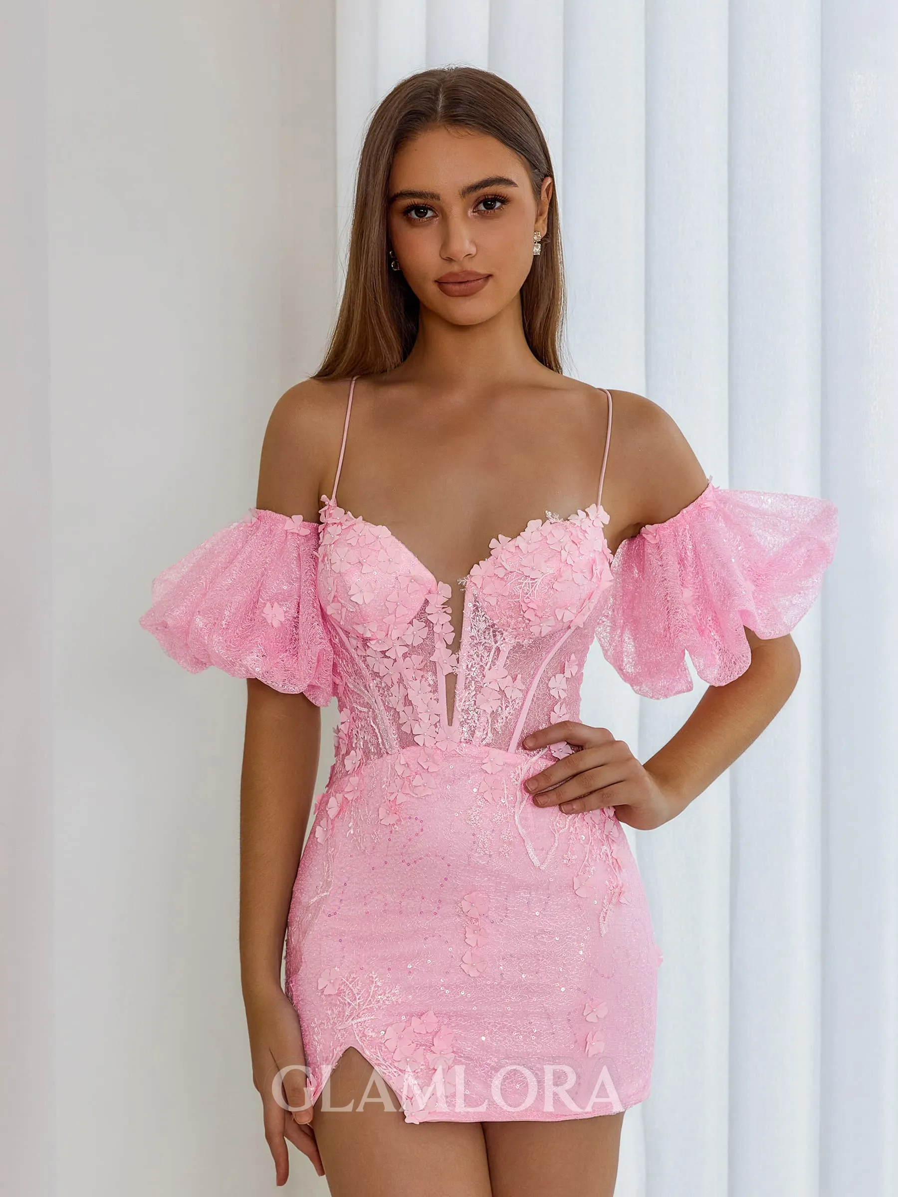 Unforgettable Sheath Spaghetti Straps Short Sleeves Appliques Lace Short/Mini Corset Homecoming Dress