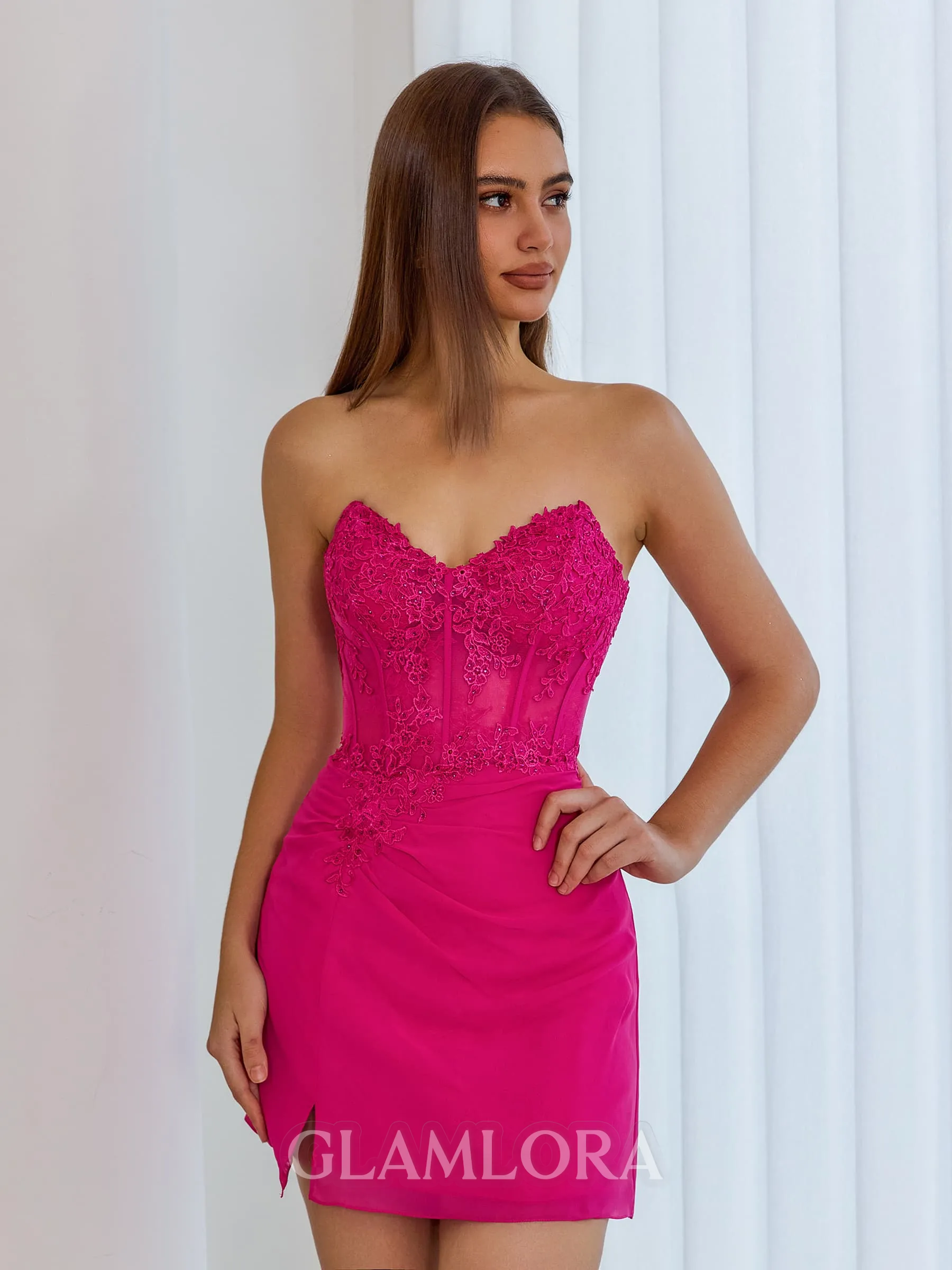 Gorgeous Sheath Sweetheart Appliques Lace Short/Mini Chiffon Corset Homecoming Dress